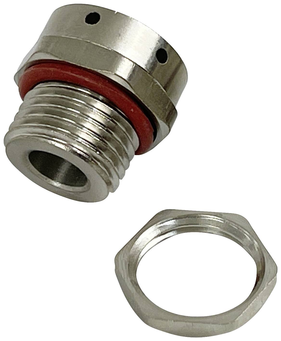 Metalladapter und Sechskantmutter. Der Adapter hat ein rotes Dichtungsband und ist aus silbernem Metall gefertigt.