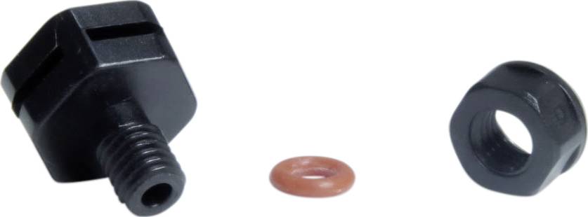 Schwarze Kunststoffschraube mit rotem Dichtungsring und schwarzer Mutter auf weißem Hintergrund, zeigt einzelne Bauteile.