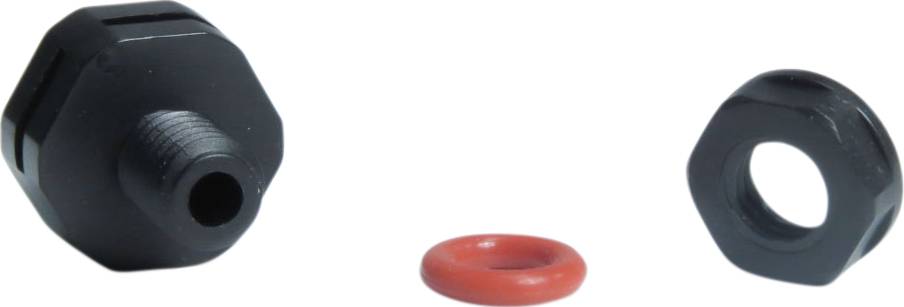 Drei Bauteile: Links ein schwarzer Sechskant-Stecker mit Gewinde, in der Mitte ein roter O-Ring, rechts eine schwarze Sechskant-Mutter.