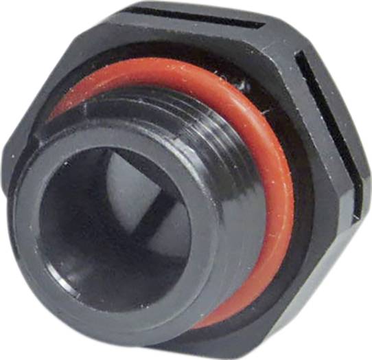 Eine schwarze Kunststoffverschraubung mit rotem Dichtungsring. Sie wird in der Elektrotechnik und beim Kabelmanagement eingesetzt.