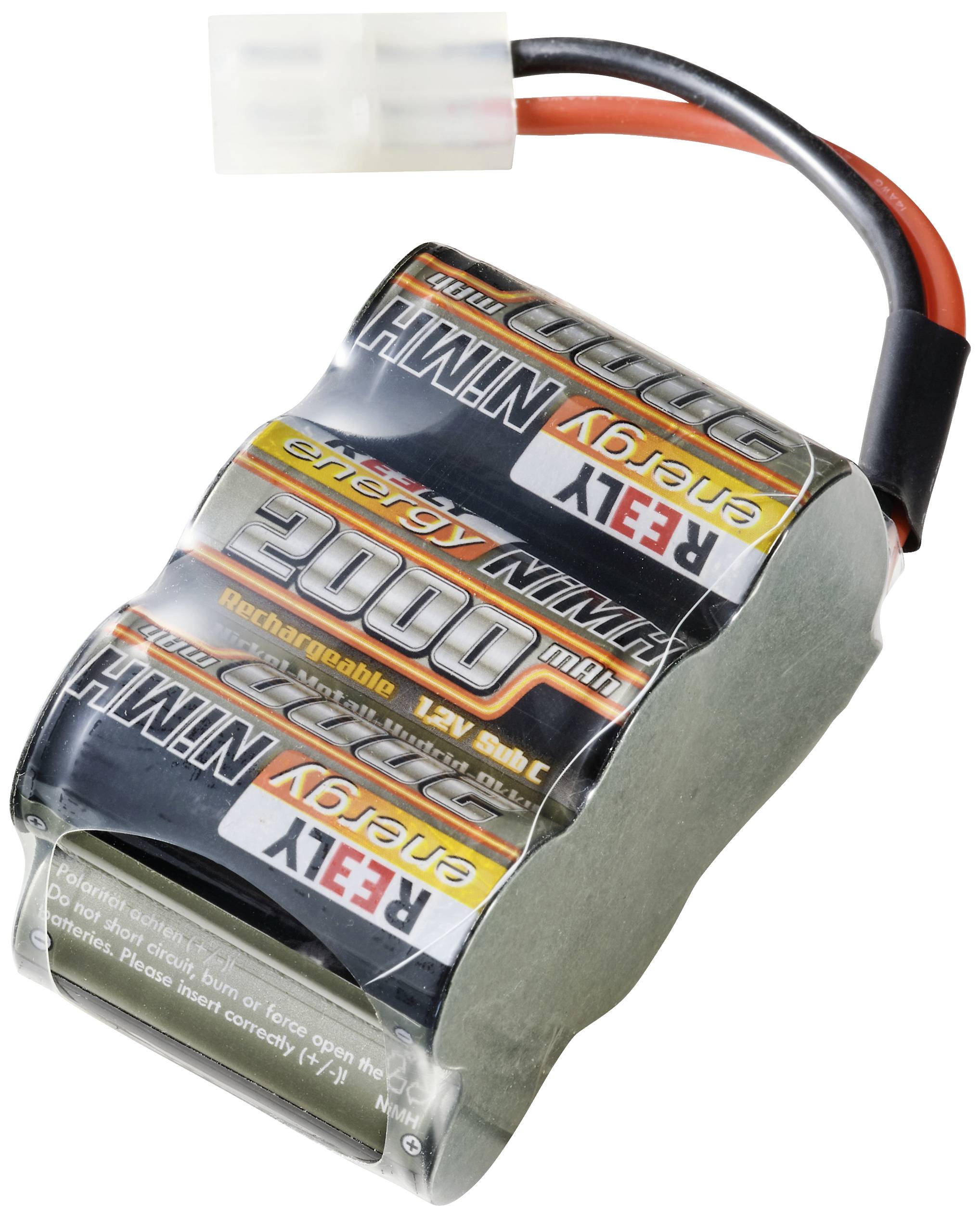 Ein aufladbarer NiMH-Akku mit einer Kapazität von 2000 mAh und 9,6 V. Angeschlossen ist ein schwarzes und ein rotes Kabel mit Steckverbindung.