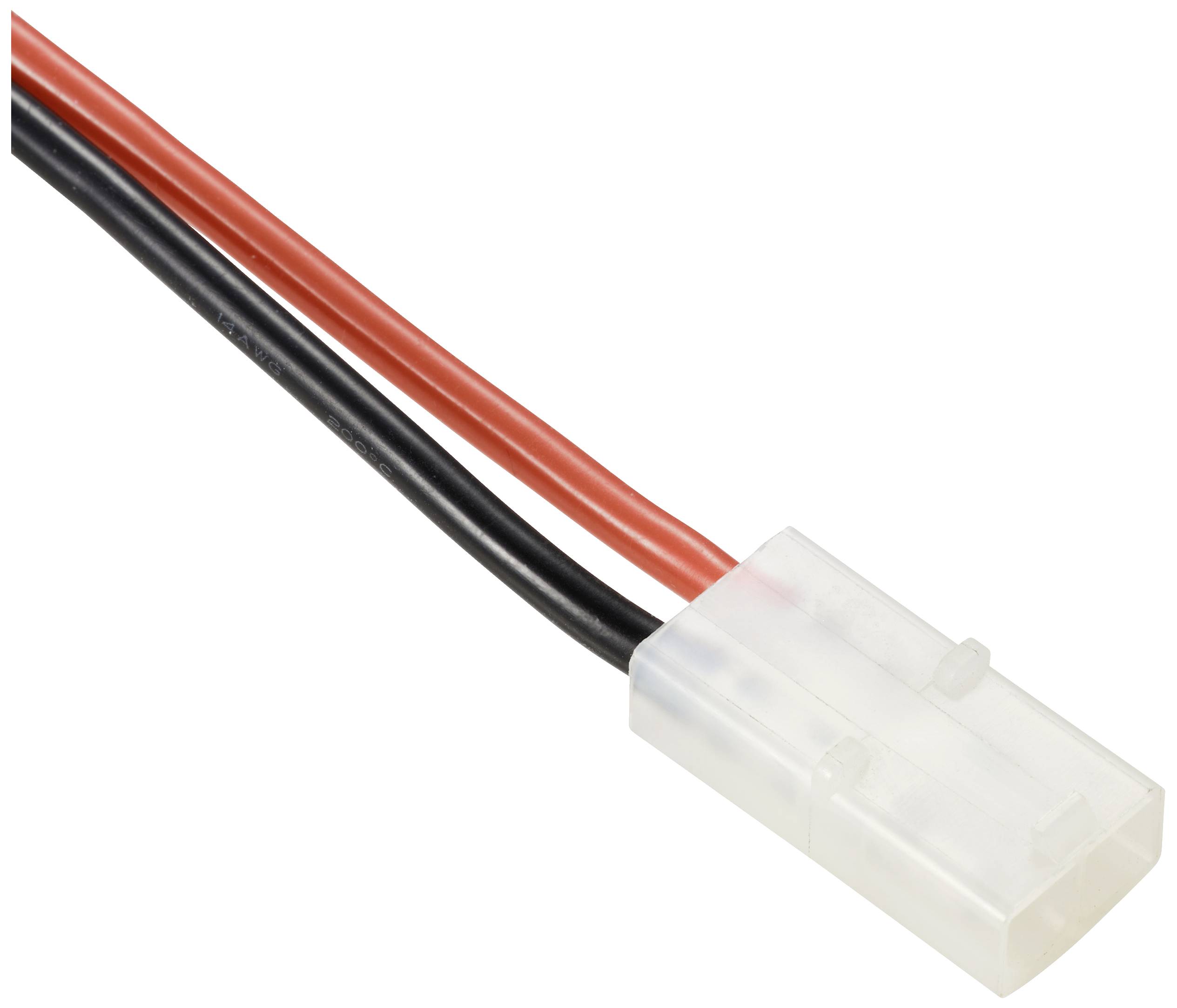 Steckverbindung mit zwei Kabeln, einem roten und einem schwarzen, die aus einem weißen Kunststoffstecker herausführen.