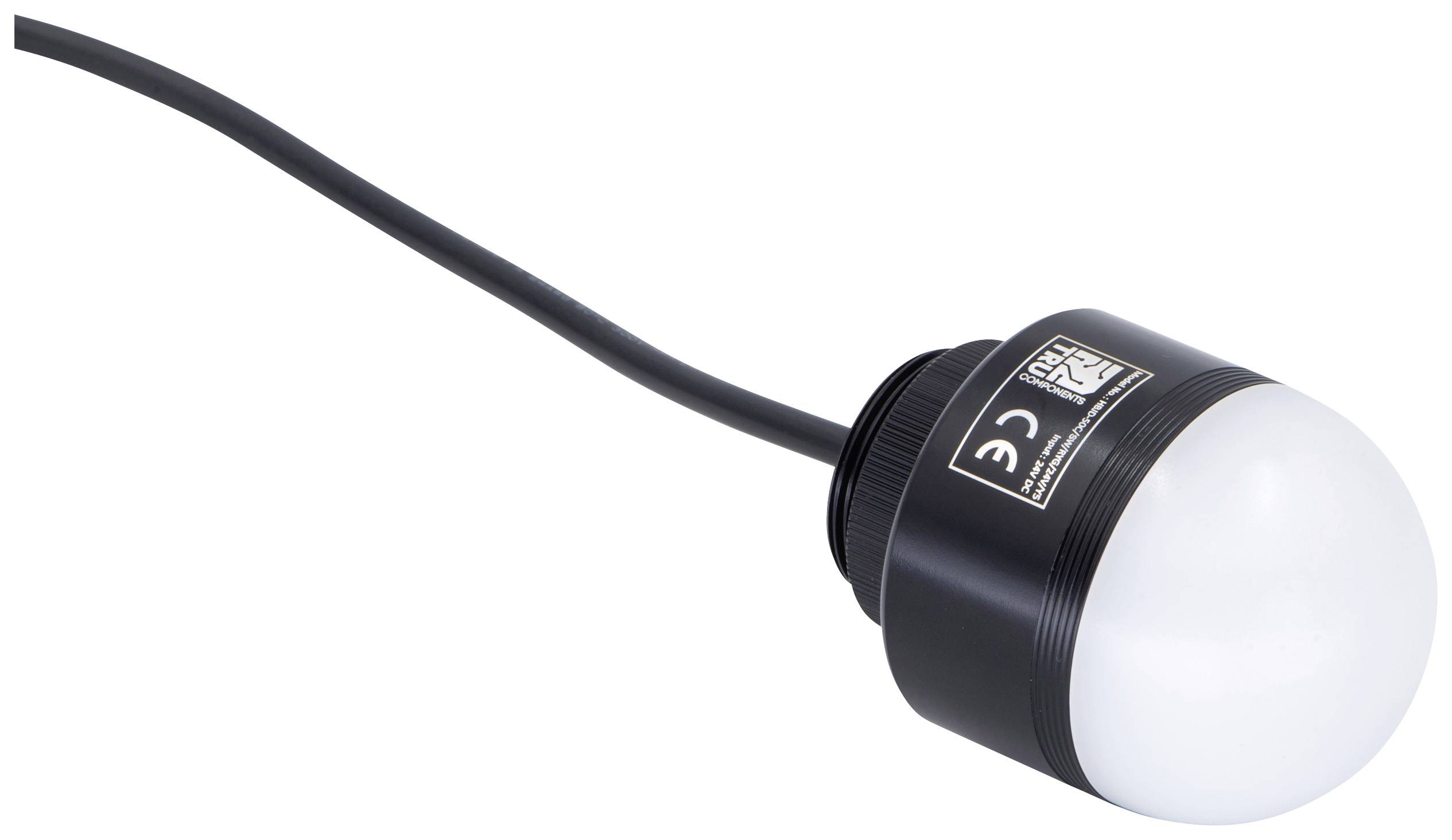 Schwarzer LED-Lampe mit rundem, weißem Leuchtkopf und CE-Kennzeichnung, angebracht an einem Kabel.