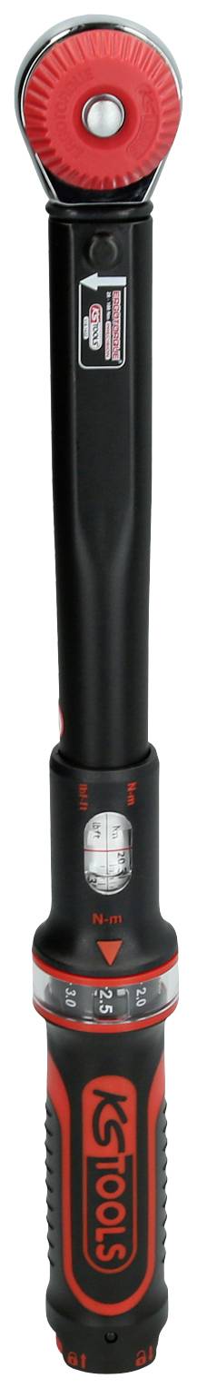 Drehmomentschlüssel, schwarz-rot, ergonomischer Griff, digitales Display, Knopf zur Einstellung des Drehmoments, eignet sich für präzises Anziehen von Schrauben.