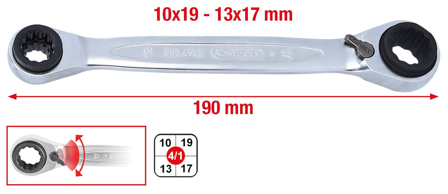 Doppel-Ratschenschlüssel mit vier Größen: 10x19 und 13x17 mm. Gesamtlänge 190 mm. Verwendbar für verschiedene Schraubengrößen.