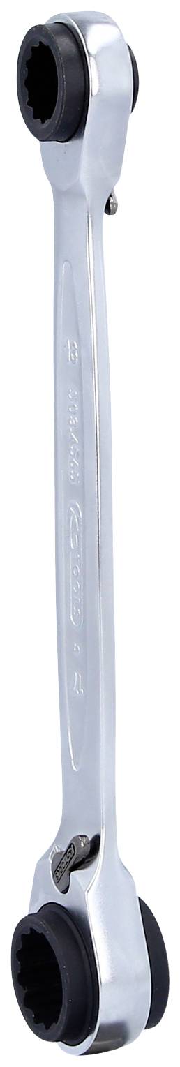 Ein silberner Schraubenschlüssel mit zwei Steckköpfen an jedem Ende, geeignet für verschiedene Schraubengrößen.