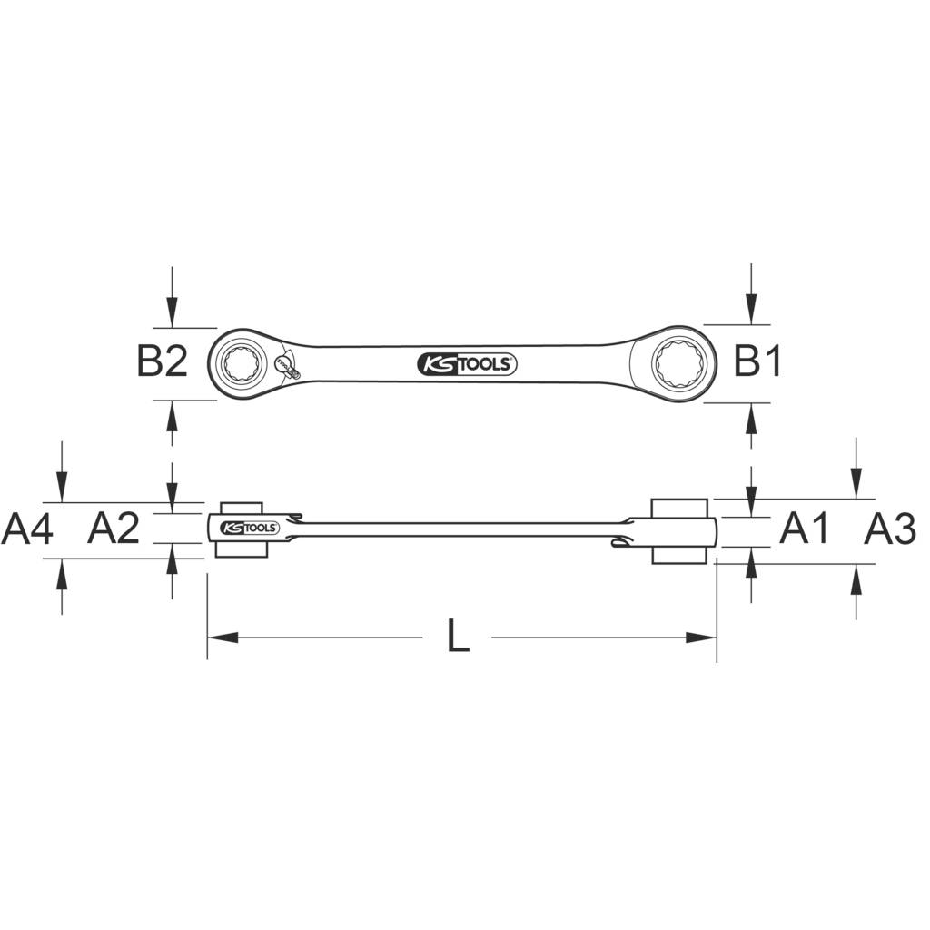 Technische Zeichnung eines Schraubenschlüssels mit Maßen. Hauptmerkmale: L, B1, B2, A1, A2, A3, A4, Hersteller 'KS Tools'.