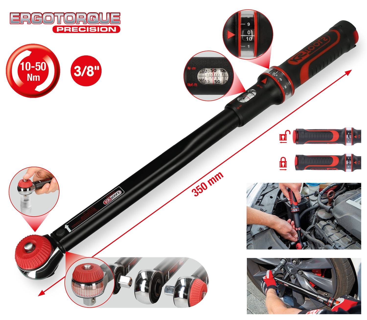 Drehmomentschlüssel Ergotorque Precision, 10-50 Nm, Länge 350 mm. Leicht ablesbare Skala, 3/8 Zoll Antrieb. Bilder zeigen Anwendung am Auto.