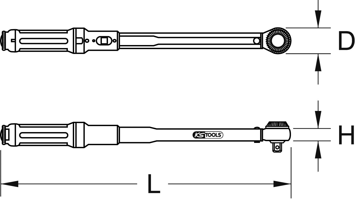 Technische Zeichnung eines Drehmomentschlüssels, zeigt Länge (L), Kopfbreite (H), und Kopfhöhe (D). KS TOOLS Logo vorhanden.