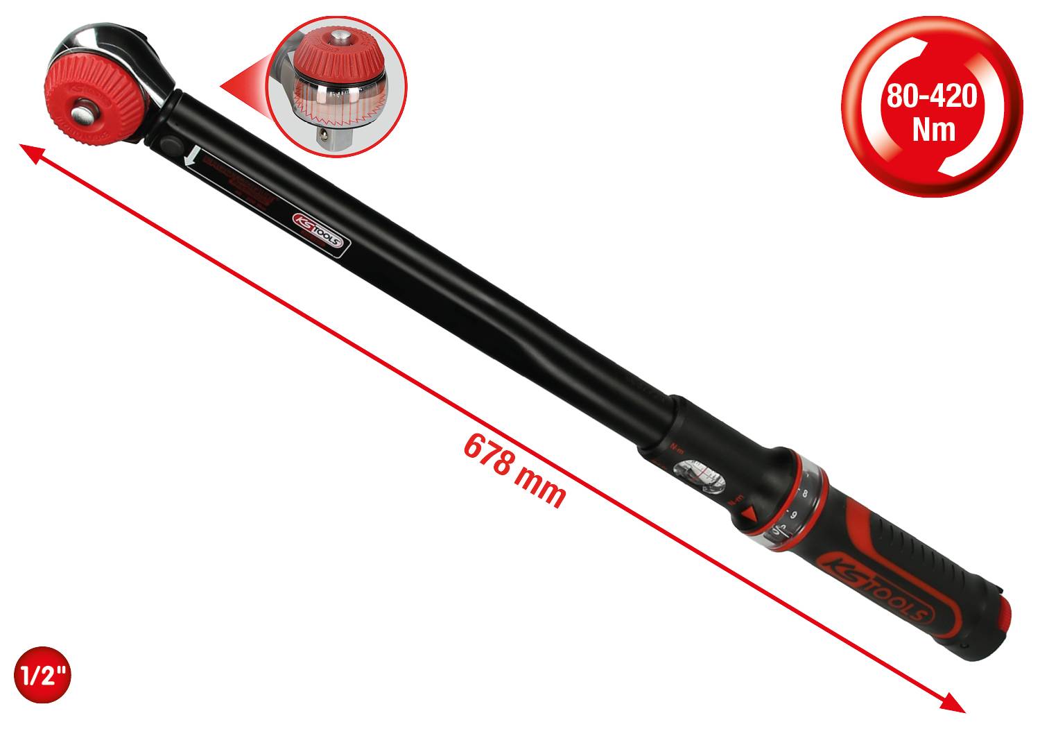 Drehmomentschlüssel, schwarz-rot, 678 mm lang. Skala zeigt Bereich von 80-420 Nm. Eignet sich für präzises Anziehen von Schrauben.