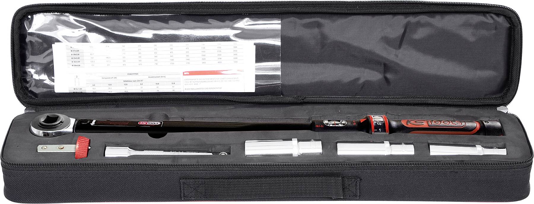 Ein Drehmomentschlüssel-Set in einem offenen schwarzen Etui mit verschiedenen Aufsätzen und einer Bedienungsanleitung.