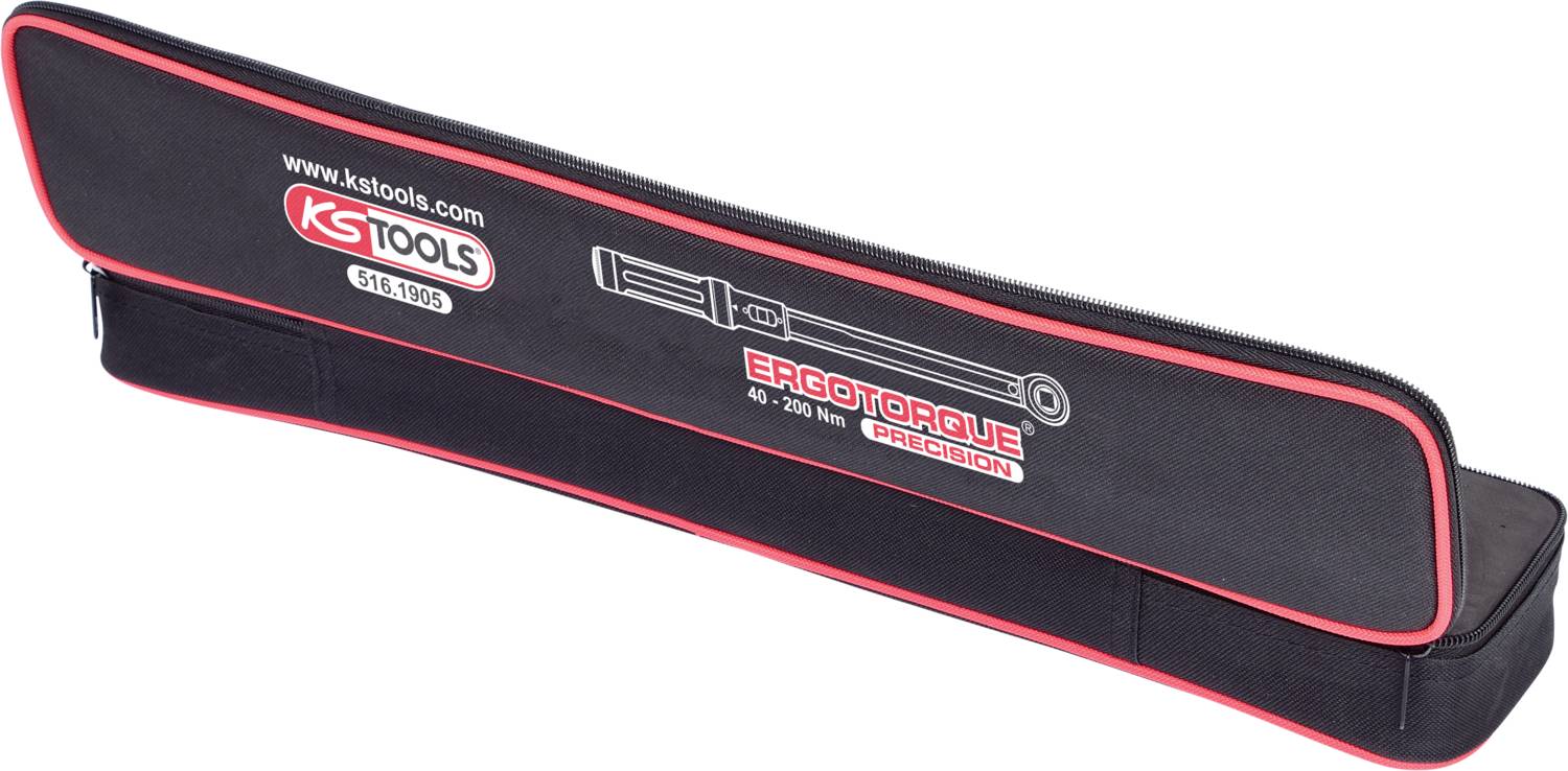 Ein langer, schwarzer Werkzeugkoffer mit rotem Rand, der das Logo 'KS Tools' und die Beschriftung 'ErgoTorque Precision' trägt.