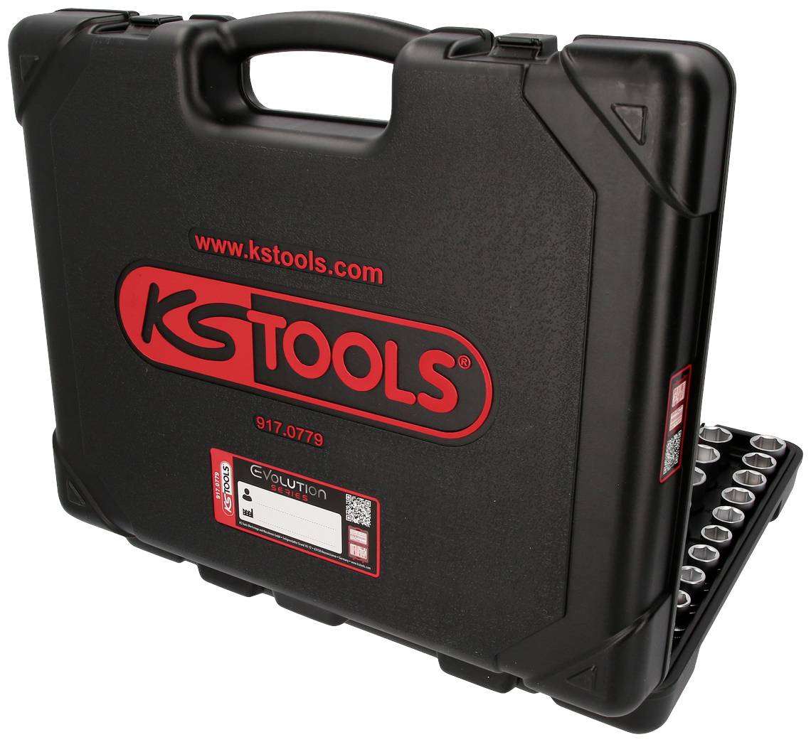 Ein schwarzer Werkzeugkoffer der Marke 'KS Tools' mit rotem Logo, teilweise geöffnet, zeigt einen Satz Steckschlüsseleinsätze.