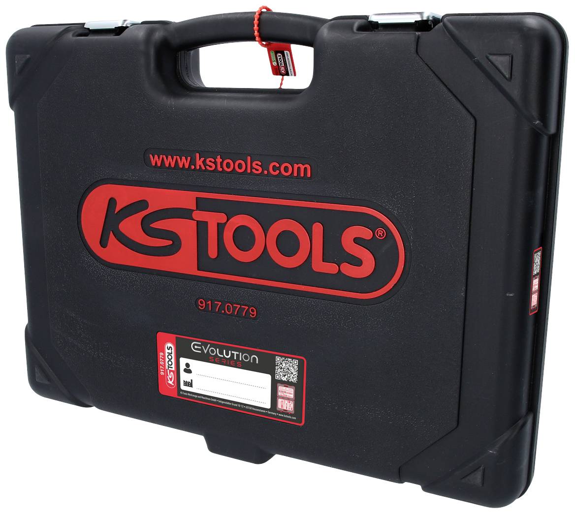 Schwarzer Werkzeugkoffer von KS Tools mit rotem Logo und Website 'www.kstools.com' auf der Vorderseite.