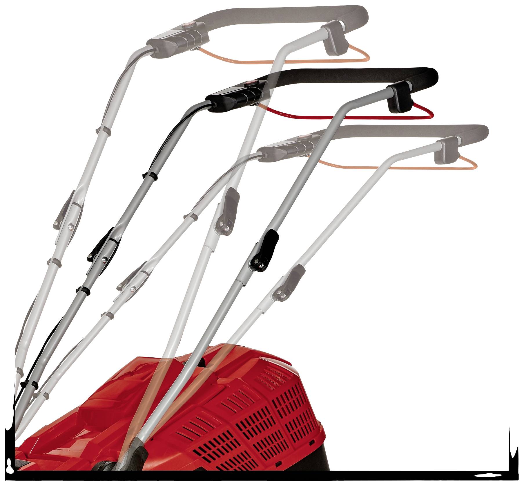 Darstellung eines höhenverstellbaren Rasenmäher-Griffs in drei Positionen, um unterschiedliche Benutzerhöhen zu veranschaulichen.