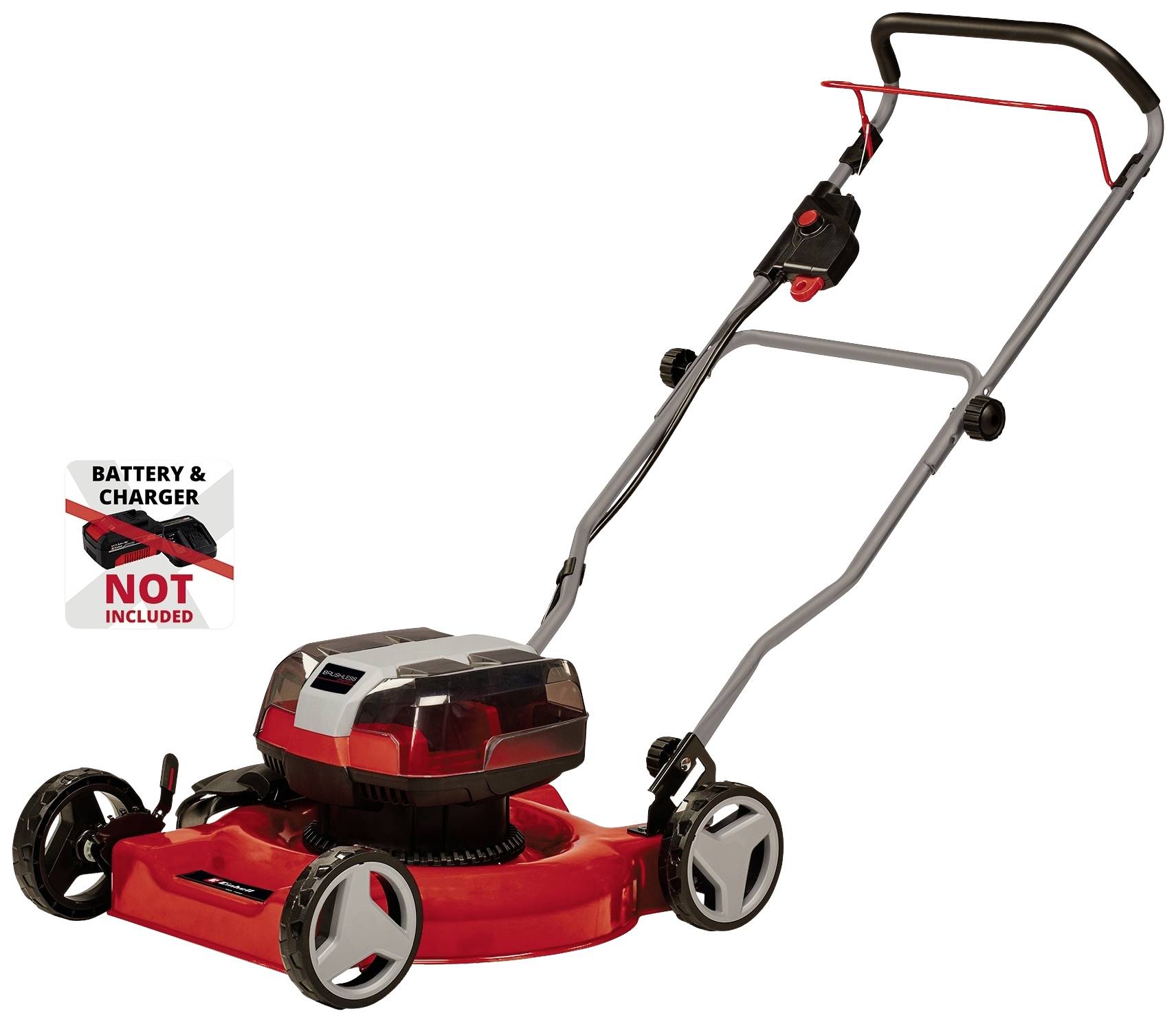 Ein roter Rasenmäher ohne enthaltenem Akku und Ladegerät. Toaster; gesprochen wird über das Fehlen dieser Teile, wie durch ein Symbol links neben dem Gerät angegeben.