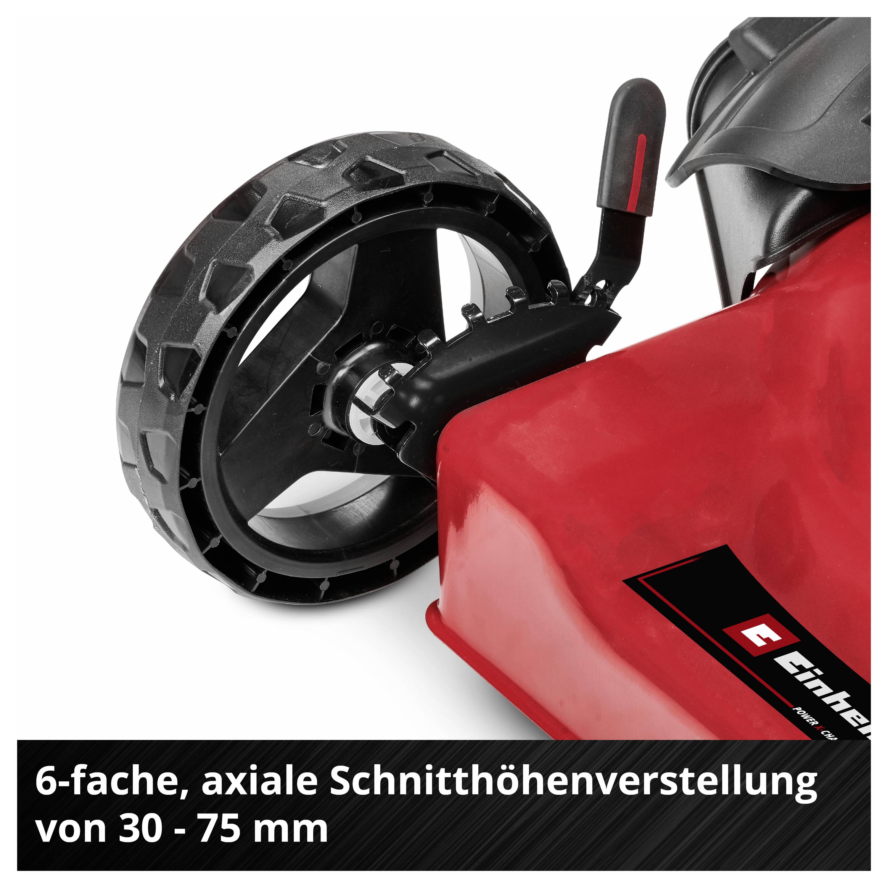 Rasenmäher-Rad und Hebel; Hinweis auf 6-fache axiale Schnitthöhenverstellung von 30 bis 75 mm.