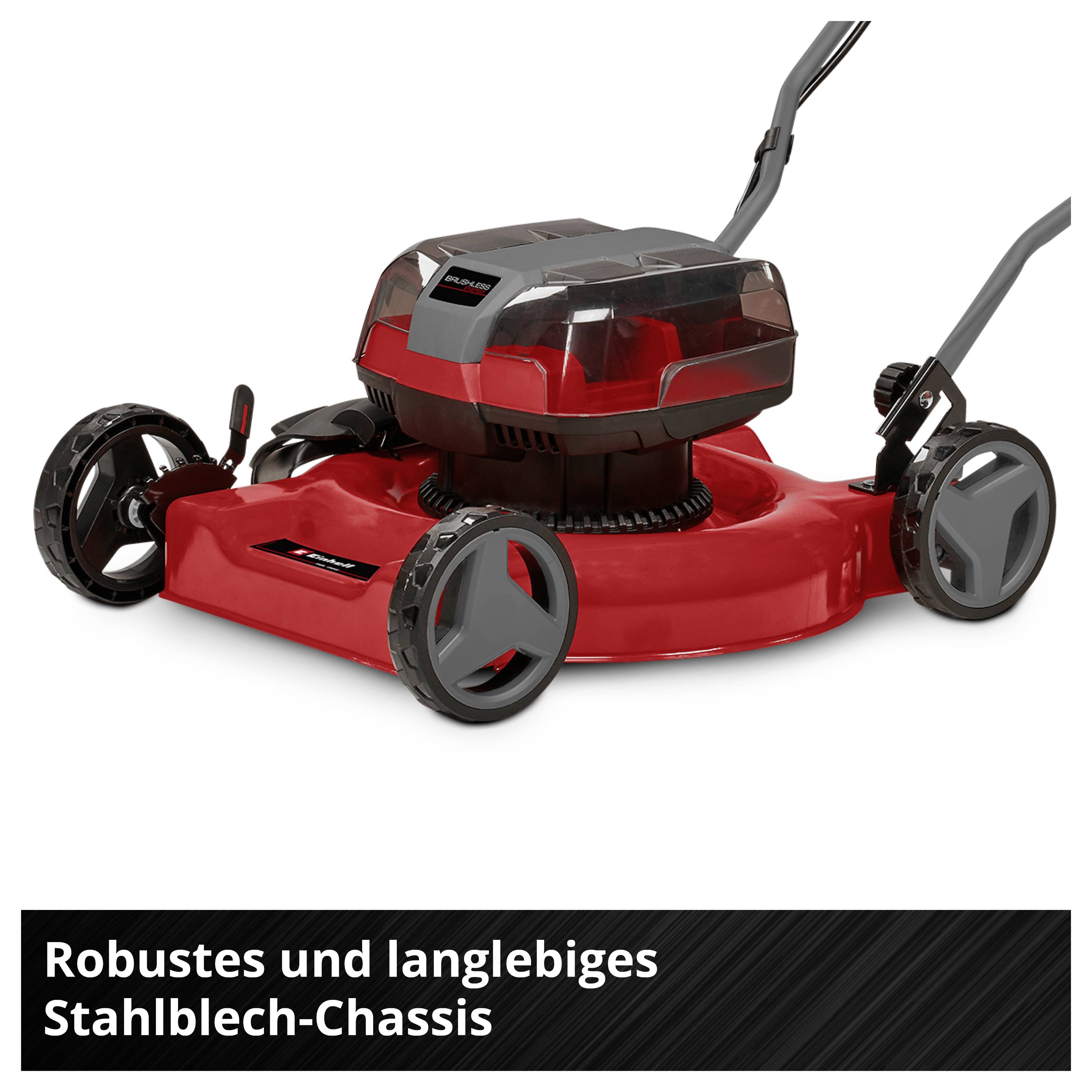 Roter Elektro-Rasenmäher mit schwarzem Stahlblech-Chassis; Text: 'Robustes und langlebiges Stahlblech-Chassis'.
