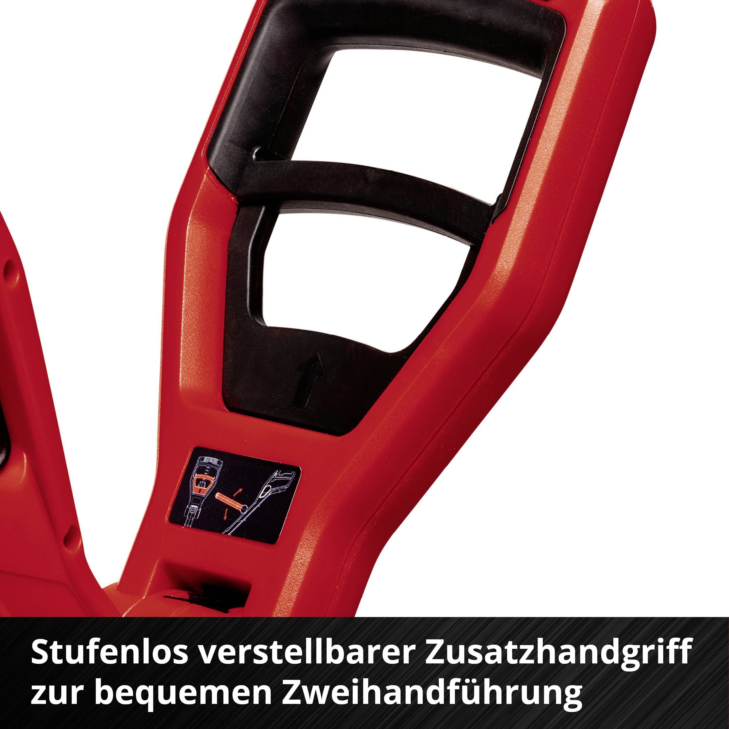 Ein roter, verstellbarer Zusatzhandgriff für Werkzeuge, ermöglicht bequeme Zweihandführung.
