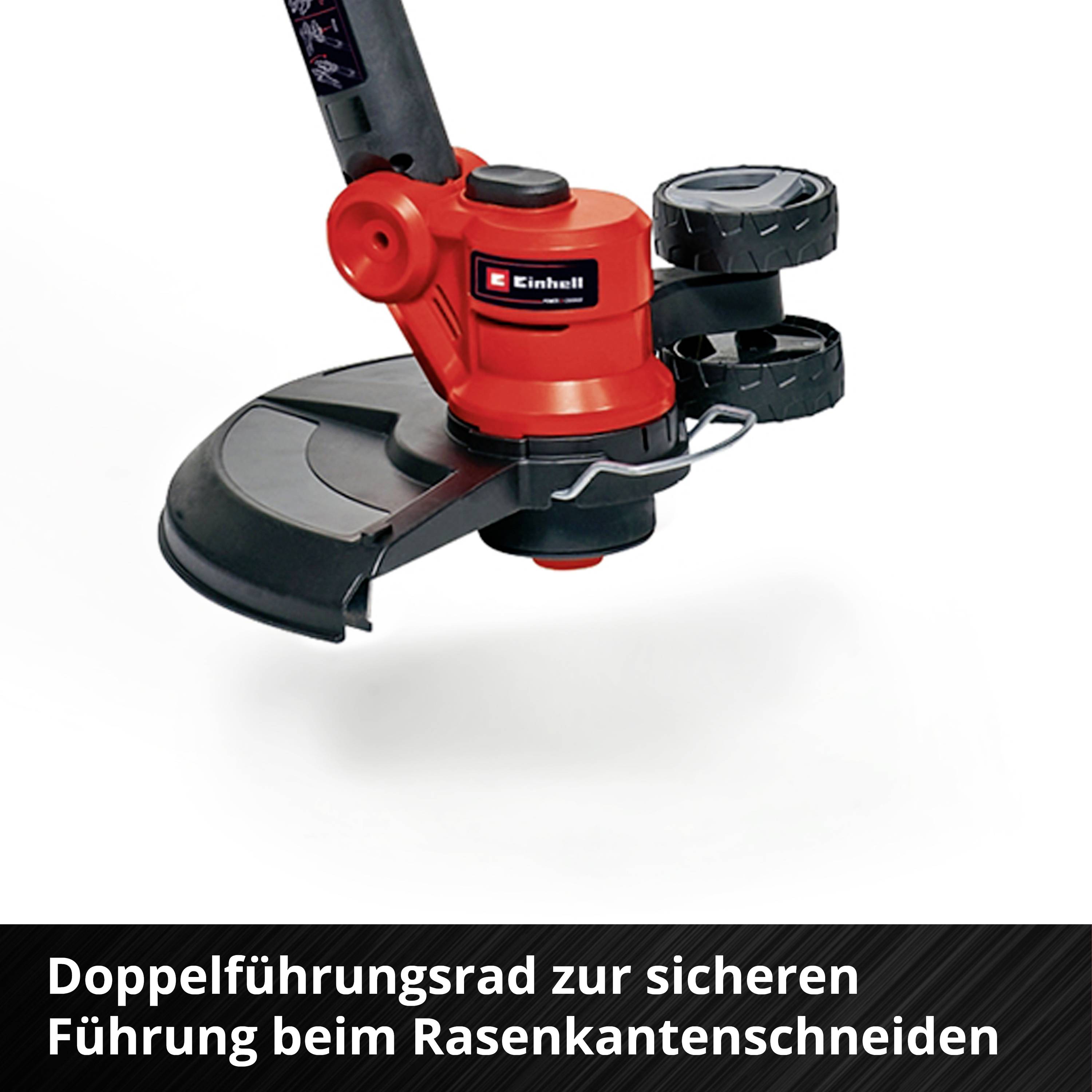 'Einhell' Rasentrimmer mit Doppelführungsrad für präzises Schneiden von Rasenkanten, rote und schwarze Farbgestaltung, Nahaufnahme.
