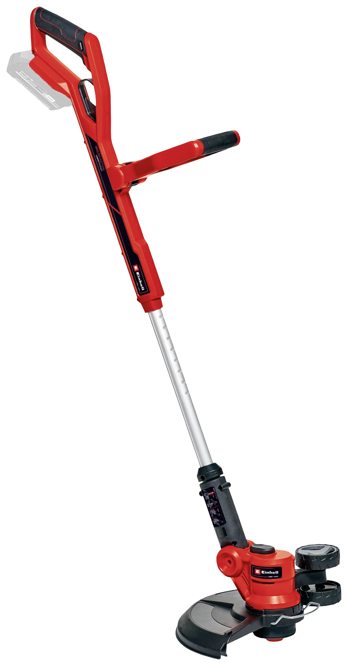 Ein roter Akku-Rasentrimmer mit verstellbarem Griff und Schneidekopf. Geeignet zum Rasenkanten schneiden und für präzise Gartenarbeiten.