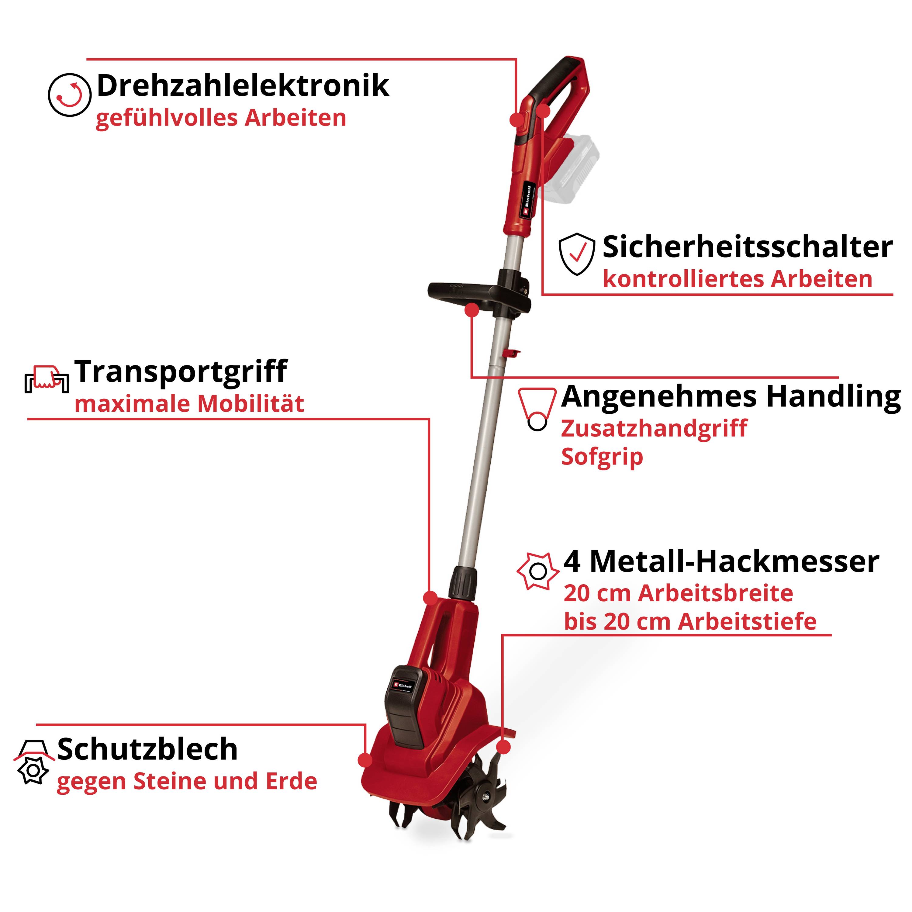Elektrische Bodenfräse mit Drehzahlelektronik, Sicherheitsgriff, 4 Hackmessern, Schutzblech, Transportgriff und Softgrip.