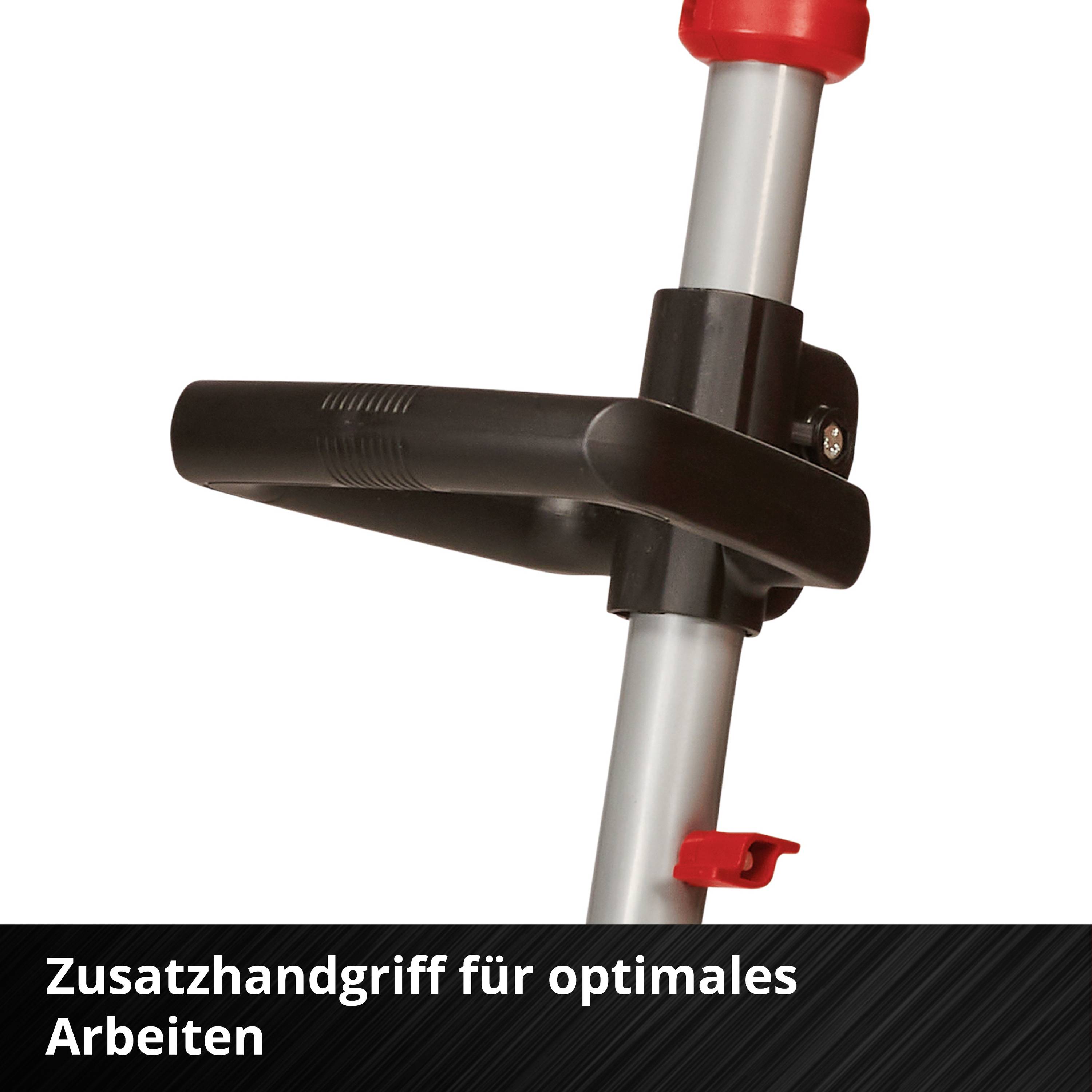 Zusatzhandgriff an einer metallischen Stange mit rotem Griff und Klemmsystem, Text 'Zusatzhandgriff für optimales Arbeiten'.