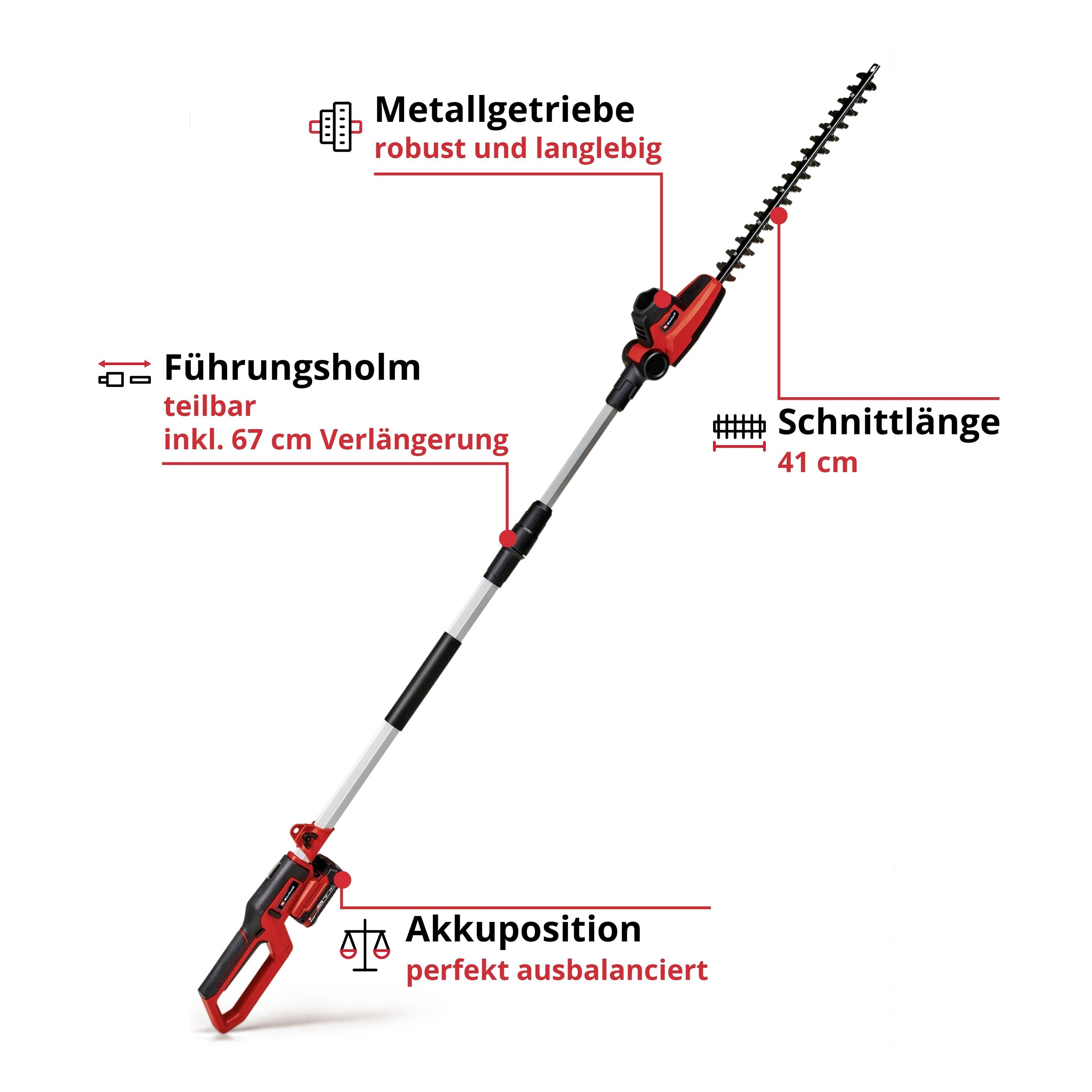 Langstiel-Heckenschere mit Metallgetriebe, teilbarem Führungsholm, 41 cm Schnittlänge und ergonomischer Akkuposition.