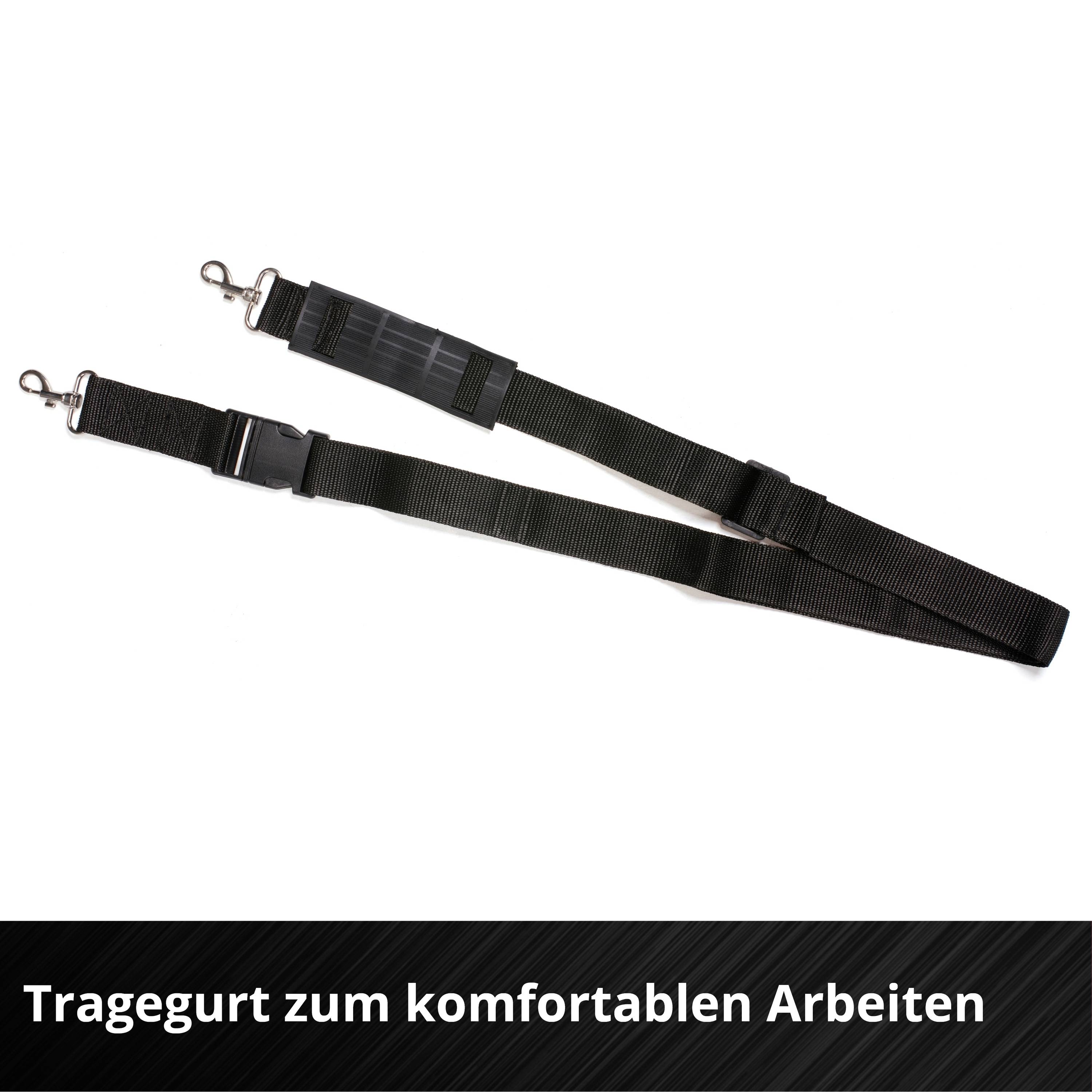 Schwarzer Tragegurt mit zwei Metallhaken an den Enden auf weißem Hintergrund. Text unten: 'Tragegurt zum komfortablen Arbeiten'.