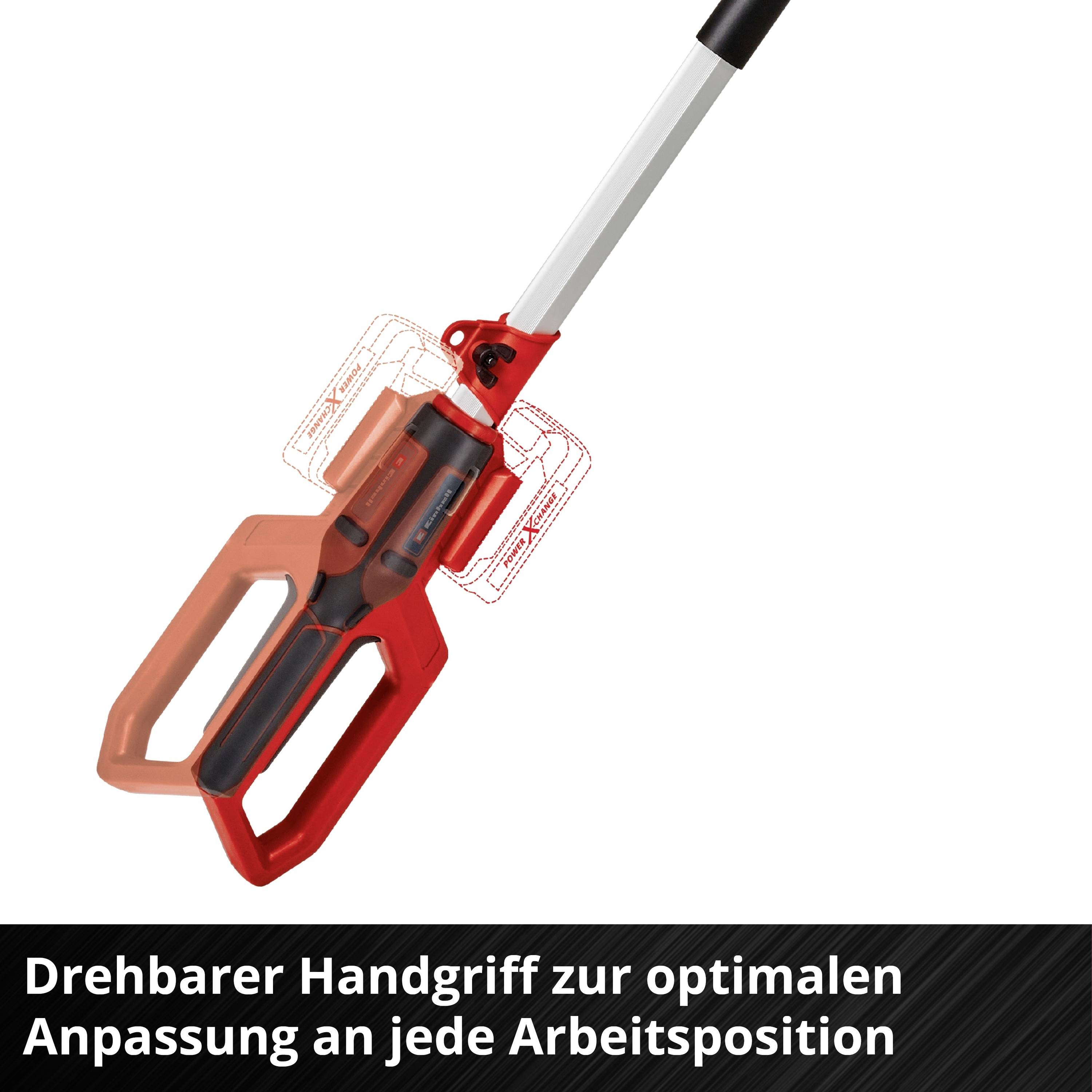 'Drehbarer Handgriff zur optimalen Anpassung an jede Arbeitsposition.' Text neben einem rot-schwarzen Werkzeuggriff.