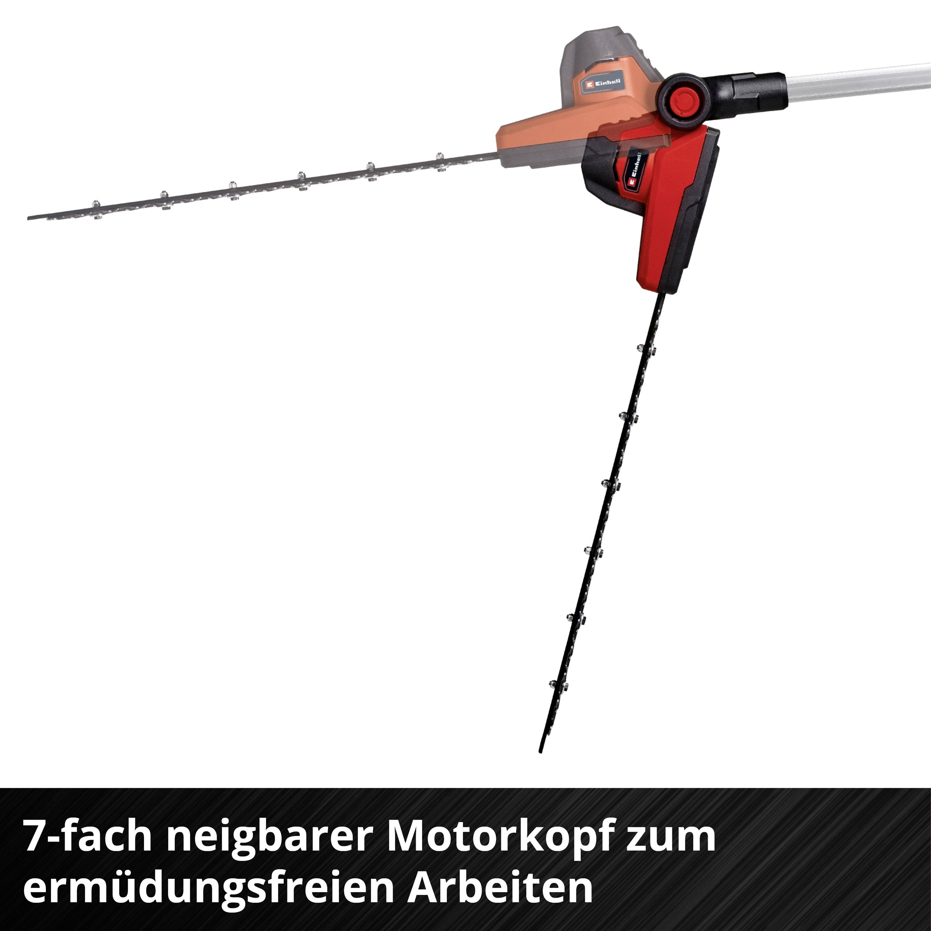 'Heckenschere mit 7-fach neigbarem Motorkopf für ermüdungsfreies Arbeiten' und Bild einer Heckenschere mit rotem Griff.