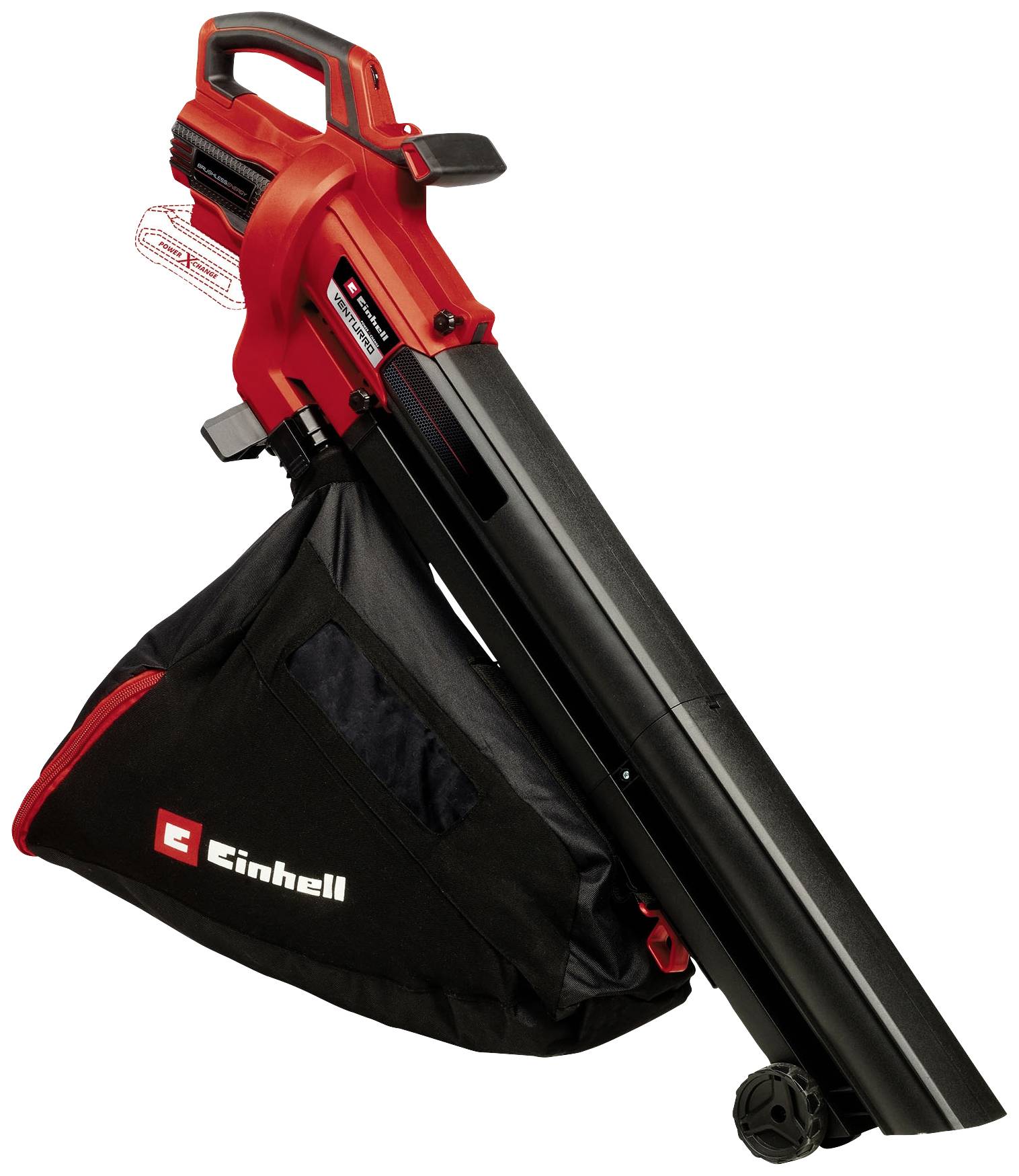 Ein roter und schwarzer Laubsauger der Marke Einhell mit einem großen Auffangsack und einem ergonomischen Griff, stehend auf einem kleinen Rad.