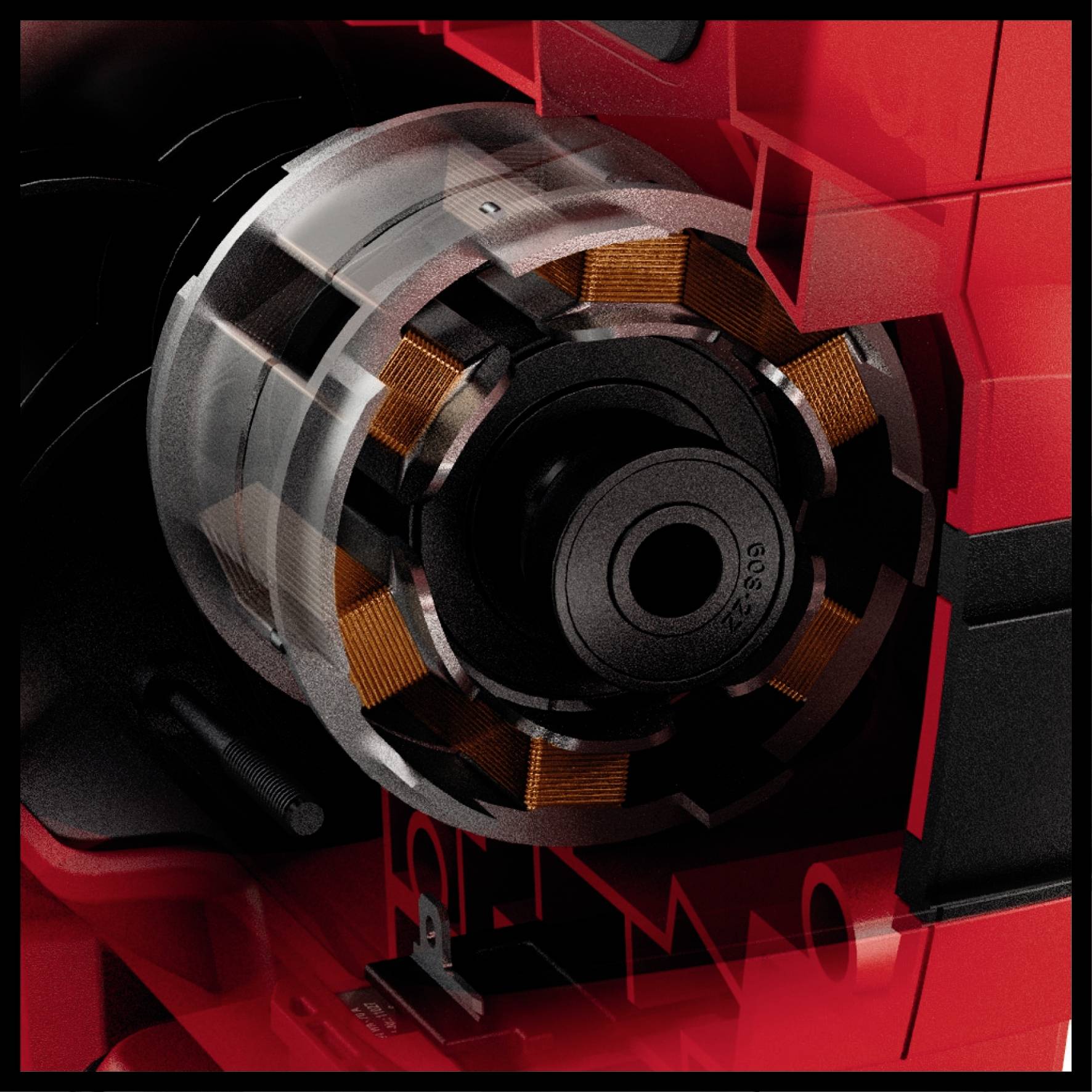 Ein rot-schwarzes Werkzeug mit sichtbarem Motor und Kupferspulen zeigt technische Details der inneren Mechanik.