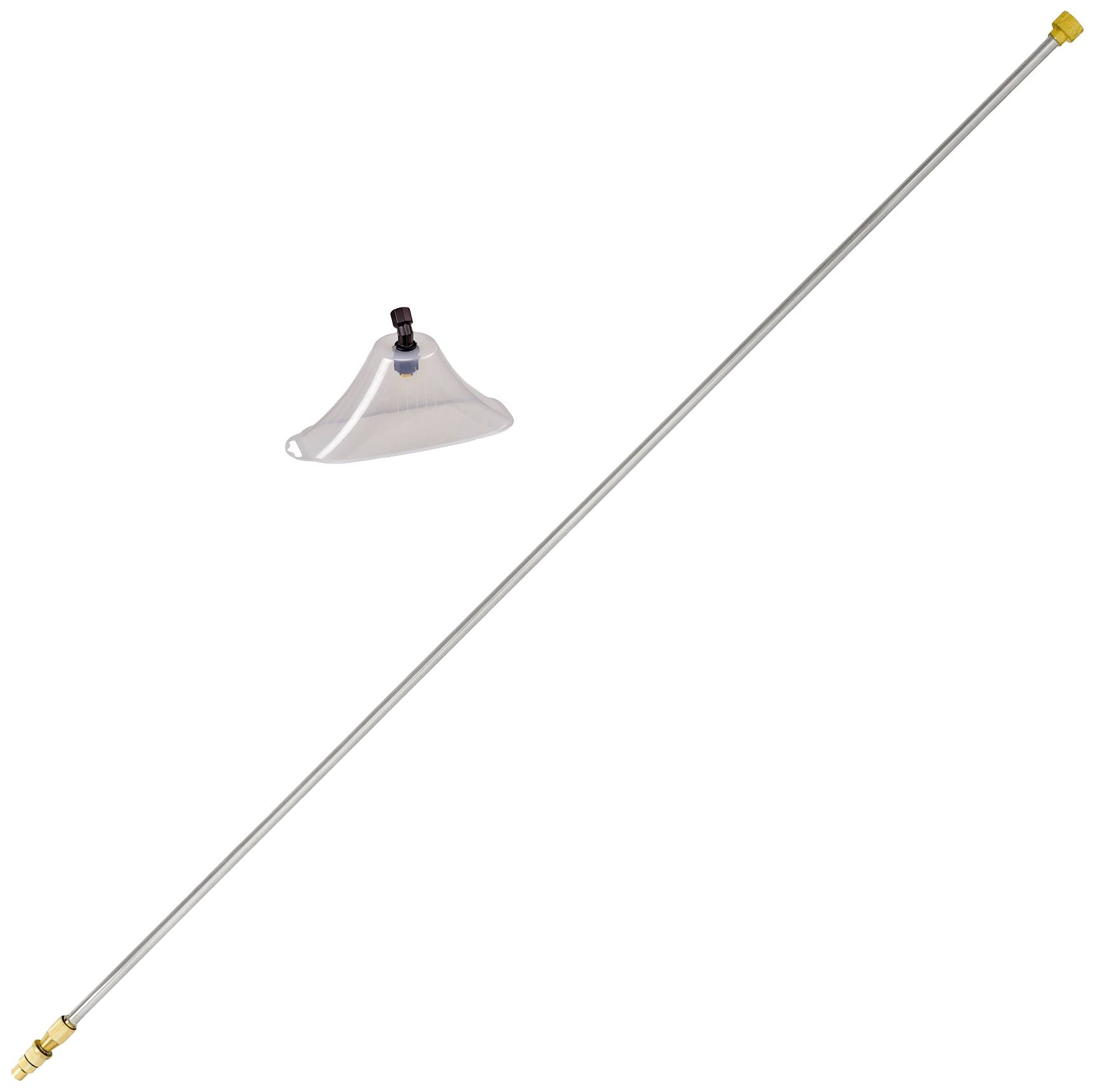 Ein langer, dünner Metallstab mit einem kleinen, gelben Anschluss an jedem Ende liegt diagonal. Oben ist eine kleine, dreieckige Halterung.