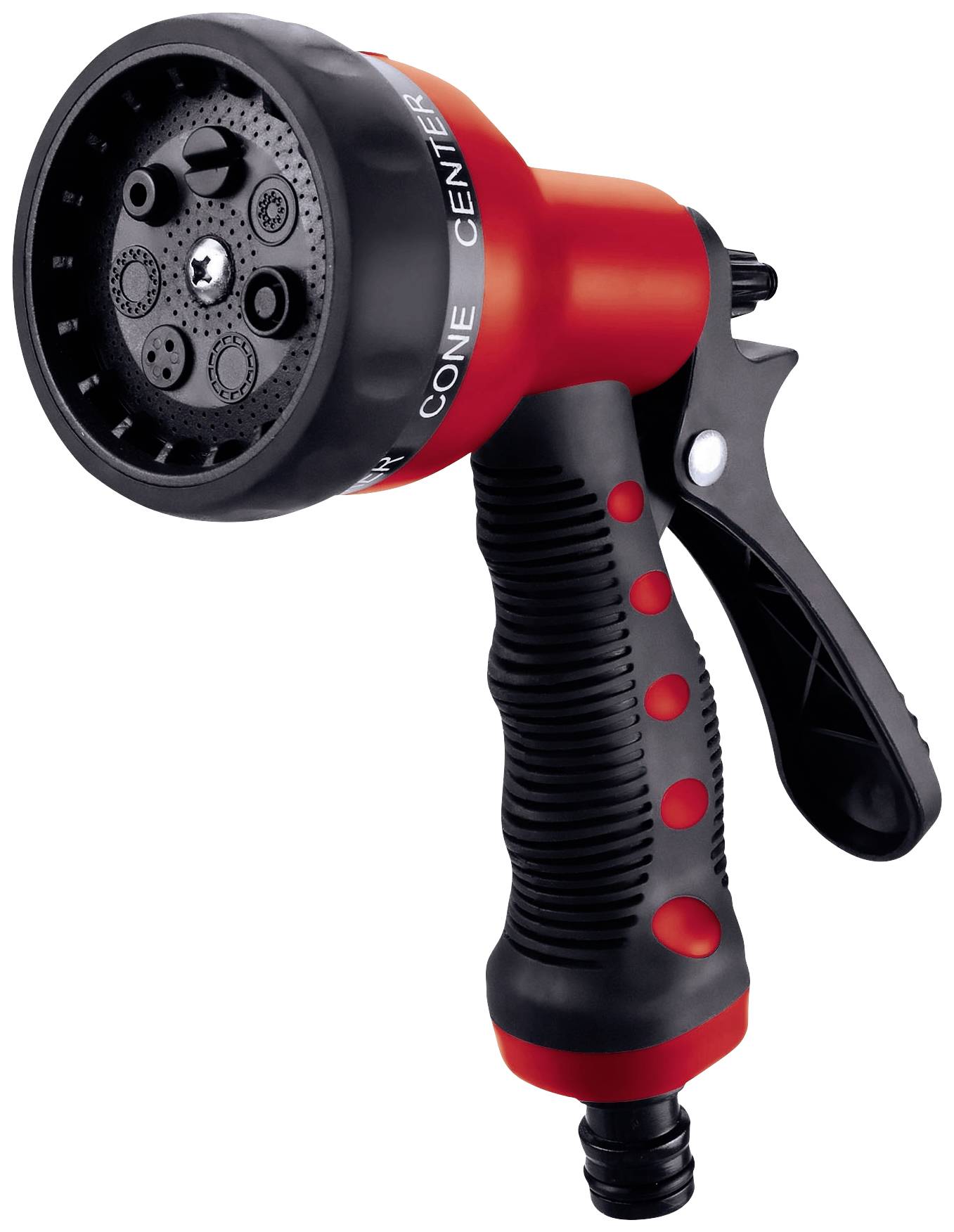 Roter und schwarzer Handbrausekopf mit mehreren Sprühoptionen, geeignet für Gartenbewässerung.