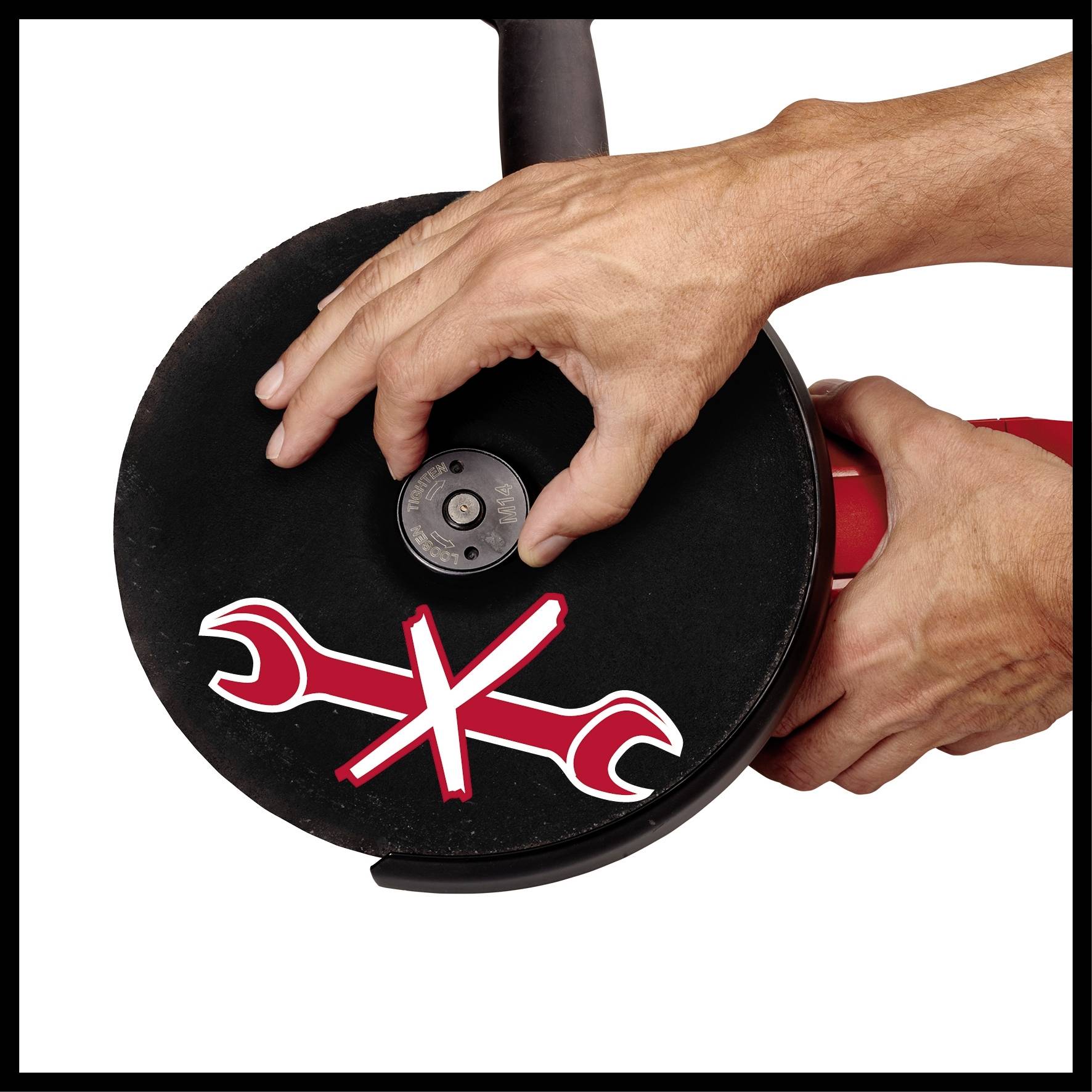 Eine Person hält einen Winkelschleifer mit einem Symbol, das anzeigt, dass Wartungsarbeiten erforderlich sind.