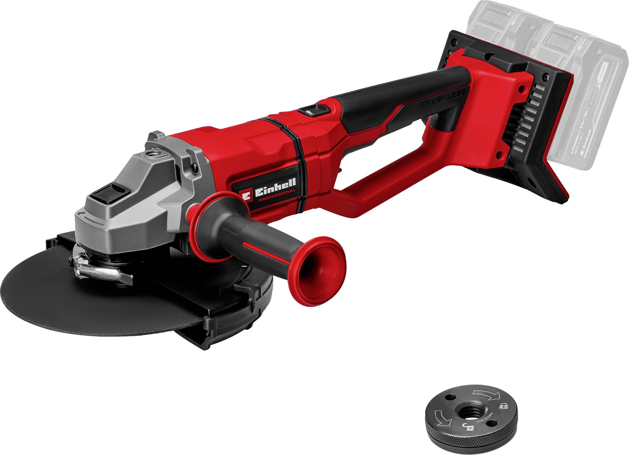 Roter und schwarzer kabelloser Winkelschleifer mit Seitenbügel und Batteriemontagefläche, abgebildet mit einer kleinen Zubehörscheibe darunter.