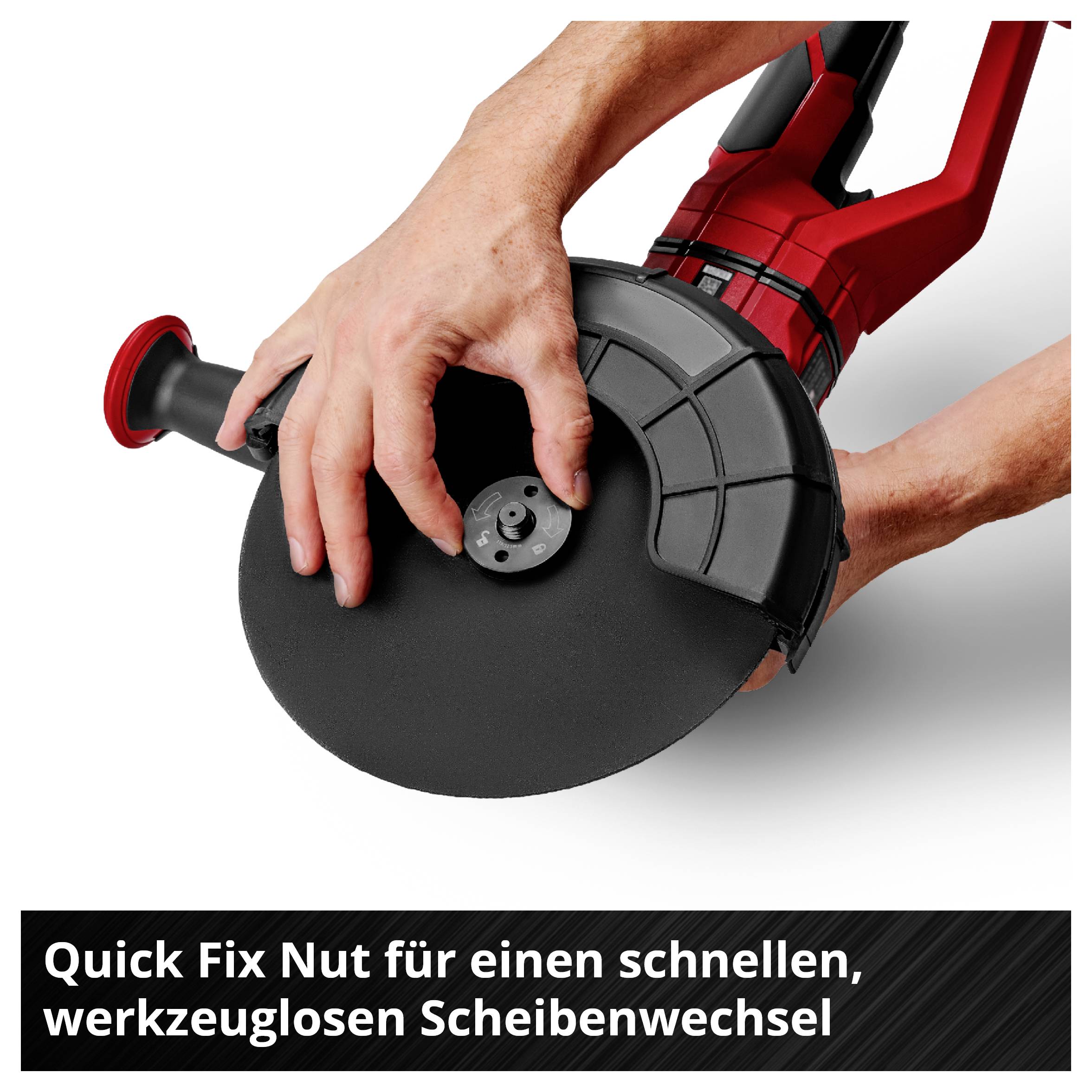 Hände wechseln die Scheibe eines roten Winkelschleifers mit Quick-Fix-Nut werkzeuglos; Text: 'Quick Fix Nut für einen schnellen, werkzeuglosen Scheibenwechsel'.