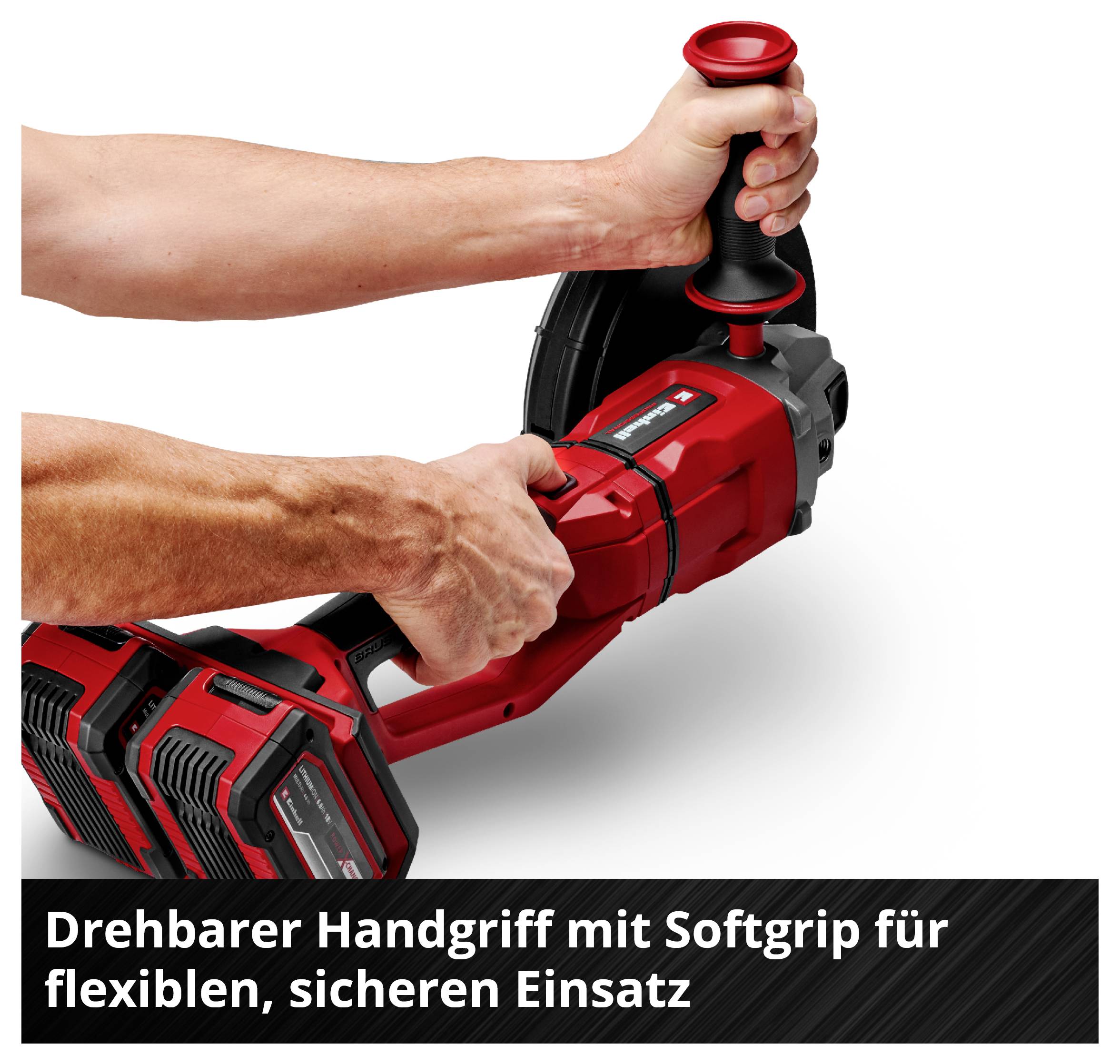 Akku-Werkzeug mit drehbarem Handgriff und Softgrip, von zwei Händen gehalten; Text: 'Drehbarer Handgriff mit Softgrip für flexiblen, sicheren Einsatz'.