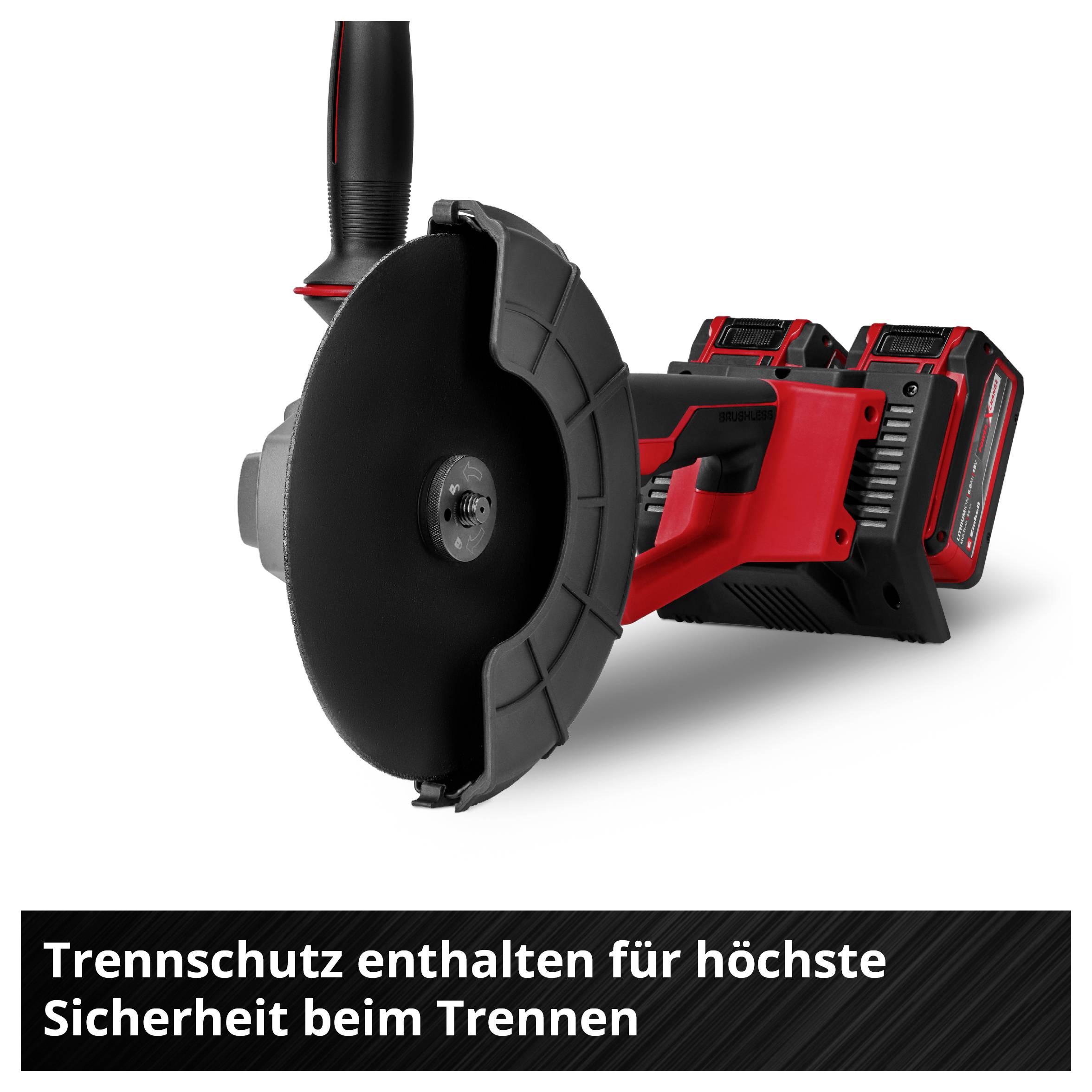 Akkubetriebener Winkelschleifer mit Trennscheibe; Text: 'Trennschutz enthalten für höchste Sicherheit beim Trennen'.
