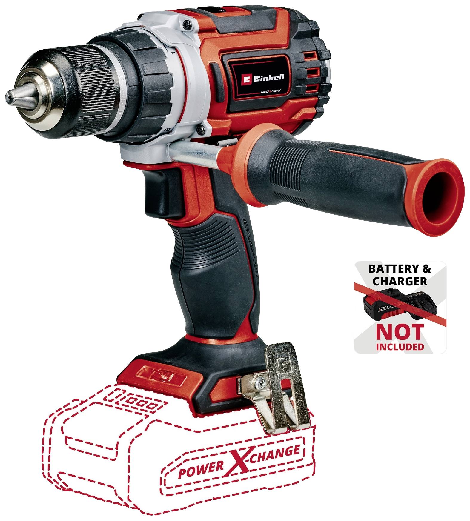 Akkubohrmaschine ohne Akku und Ladegerät gezeigt, Text 'Battery & charger not included'. Markierung für 'Power X-Change'-Akku.
