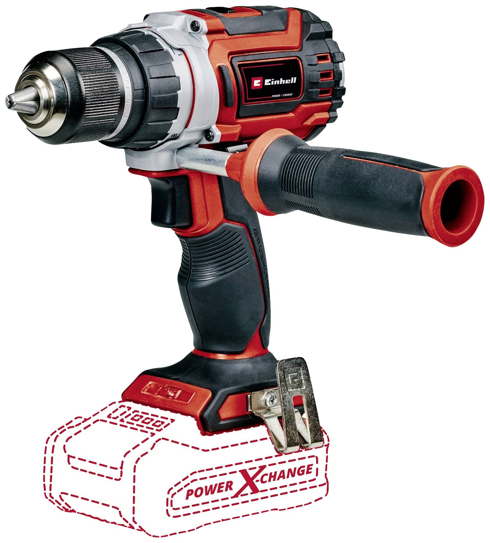 Akkuschrauber mit ergonomischem Griff und Bohrfutter, markiert 'Einhell'. Rotes Gehäuse, ohne eingesetztes Akkupack.