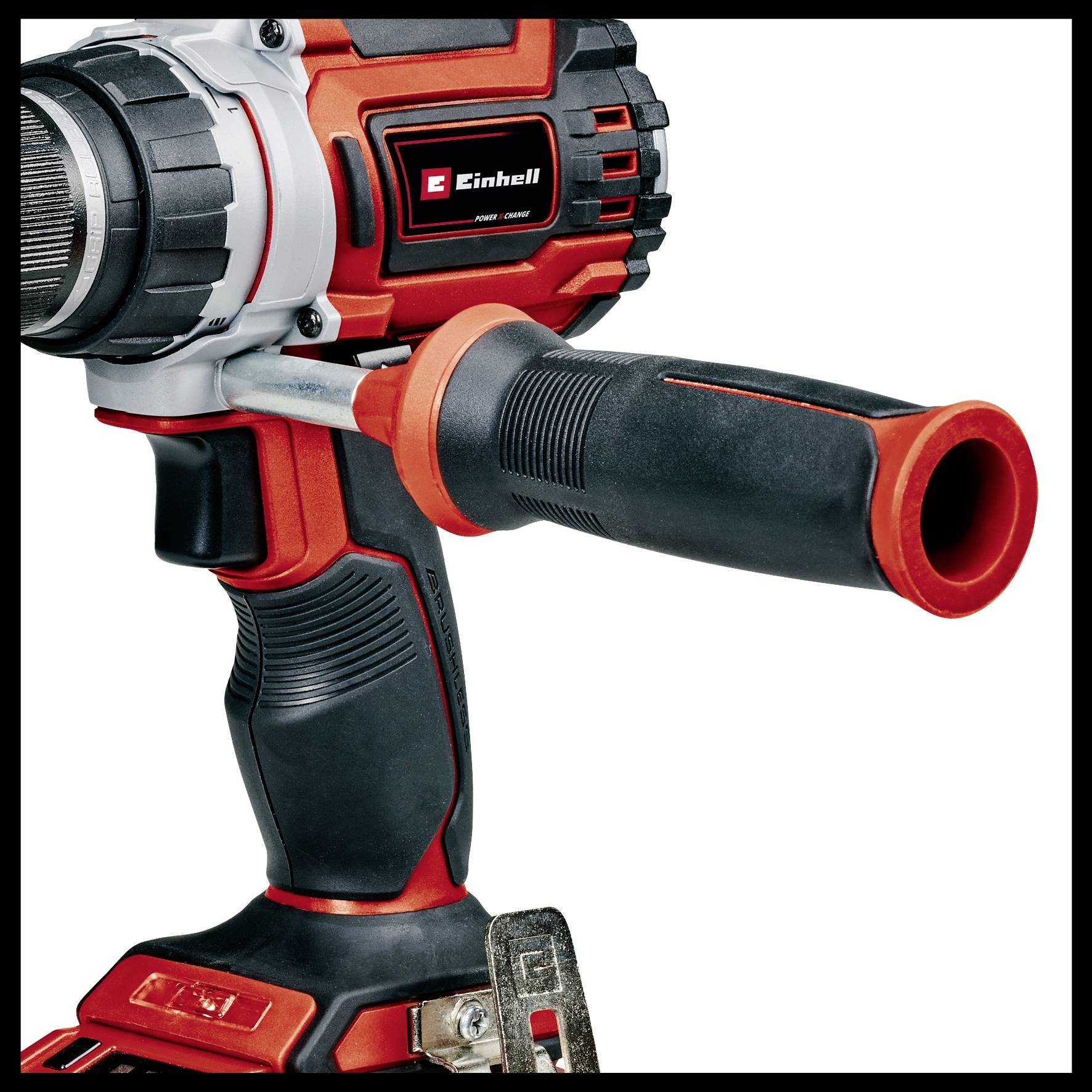 Nahaufnahme eines elektrischen Bohrschraubers, rot-schwarz mit ergonomischem Griff. Markenname auf dem Gehäuse sichtbar.