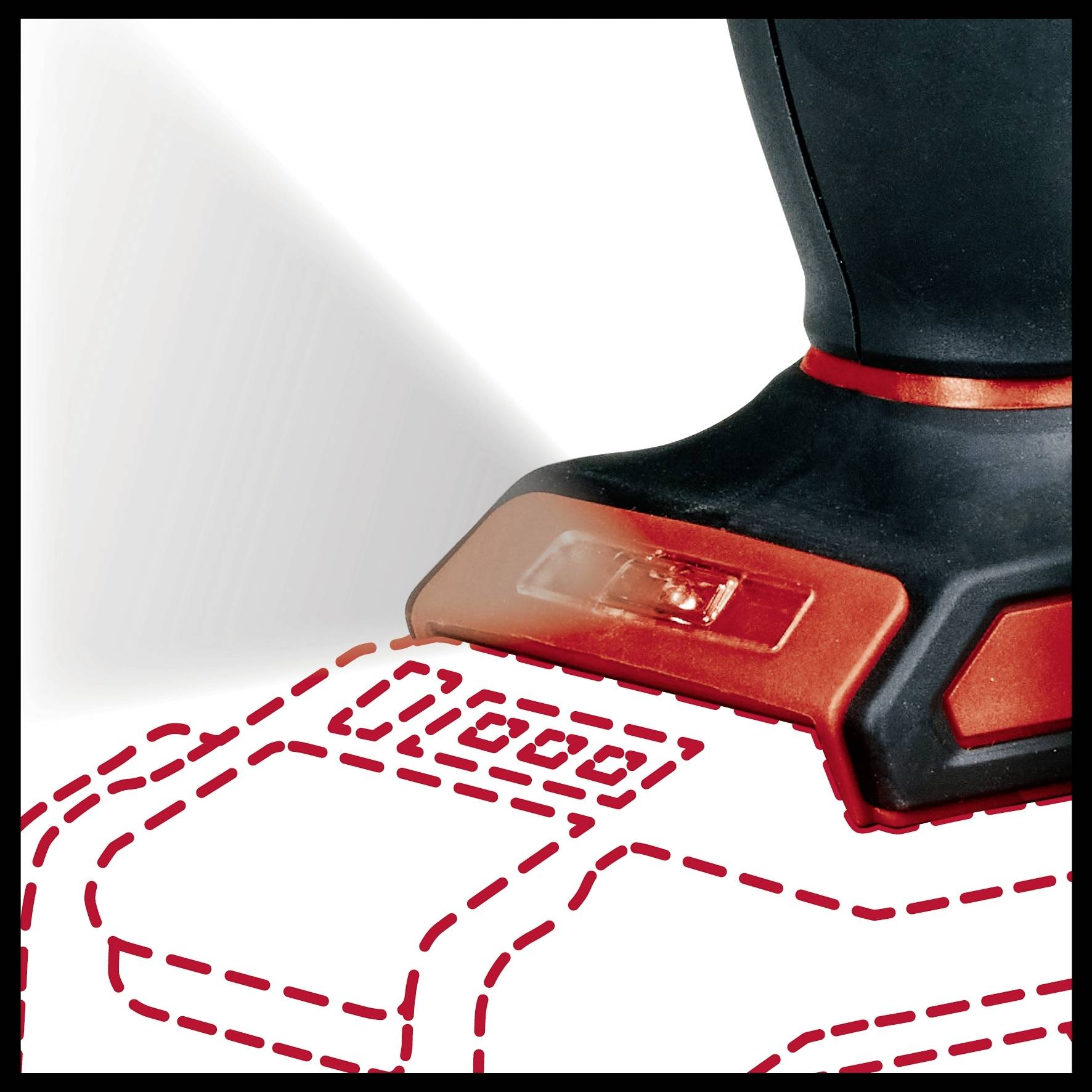 Nahaufnahme eines Akkuschraubers mit angedeuteten Umrissen von Zubehörteilen in rot gestrichelter Linie.