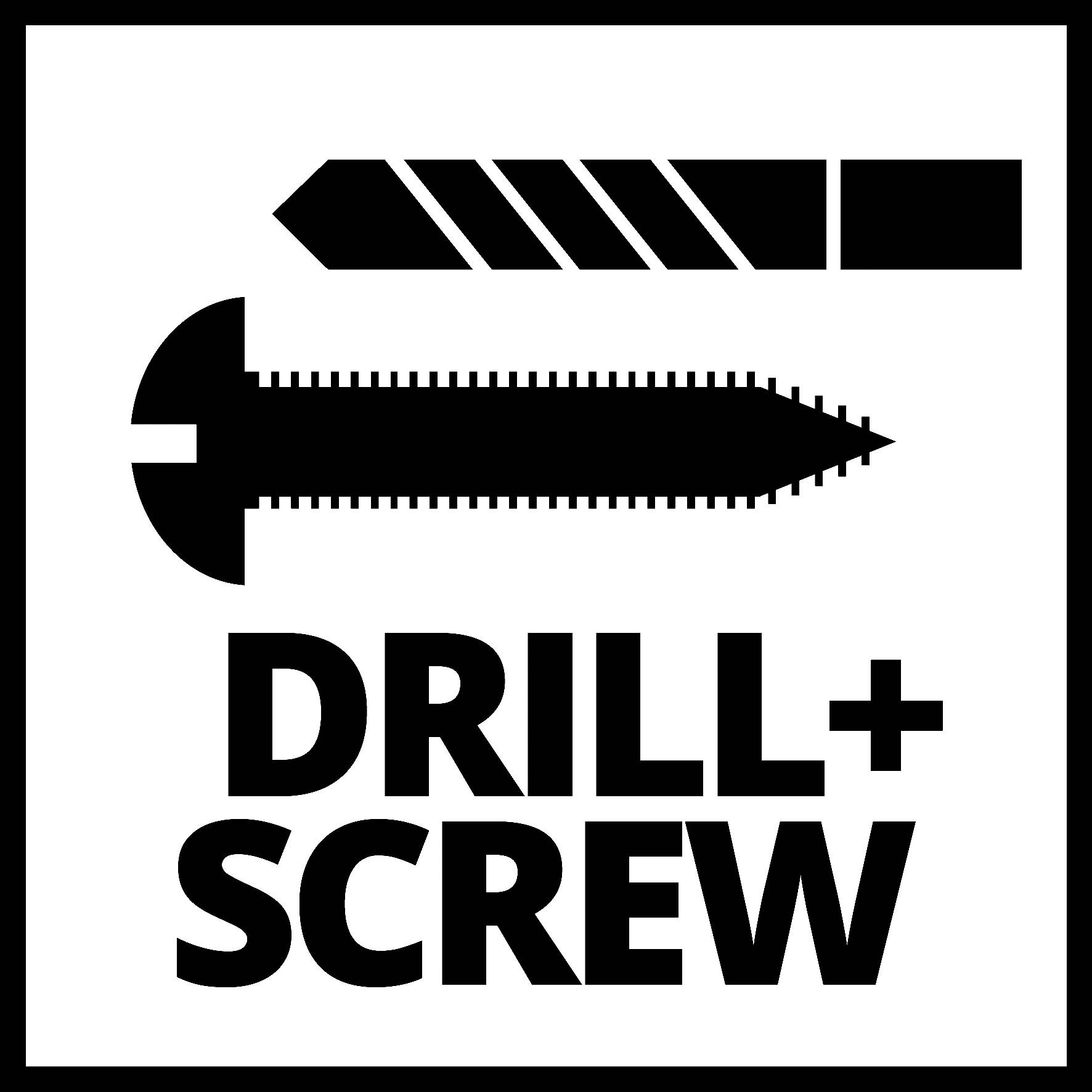 Bohrer- und Schraub-Piktogramm mit Text 'DRILL+SCREW', das eine mechanische Befestigung oder eine Werkzeuganwendung nahelegt.