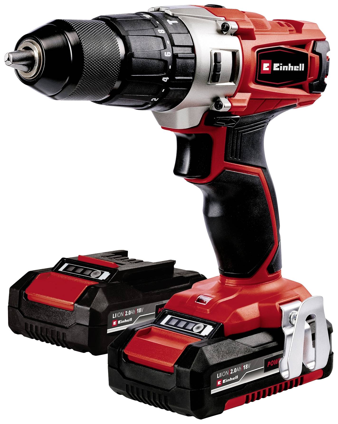 Einhell Akku-Bohrschrauber in Rot und Schwarz, mit zwei austauschbaren 18V Li-Ion Batterien.