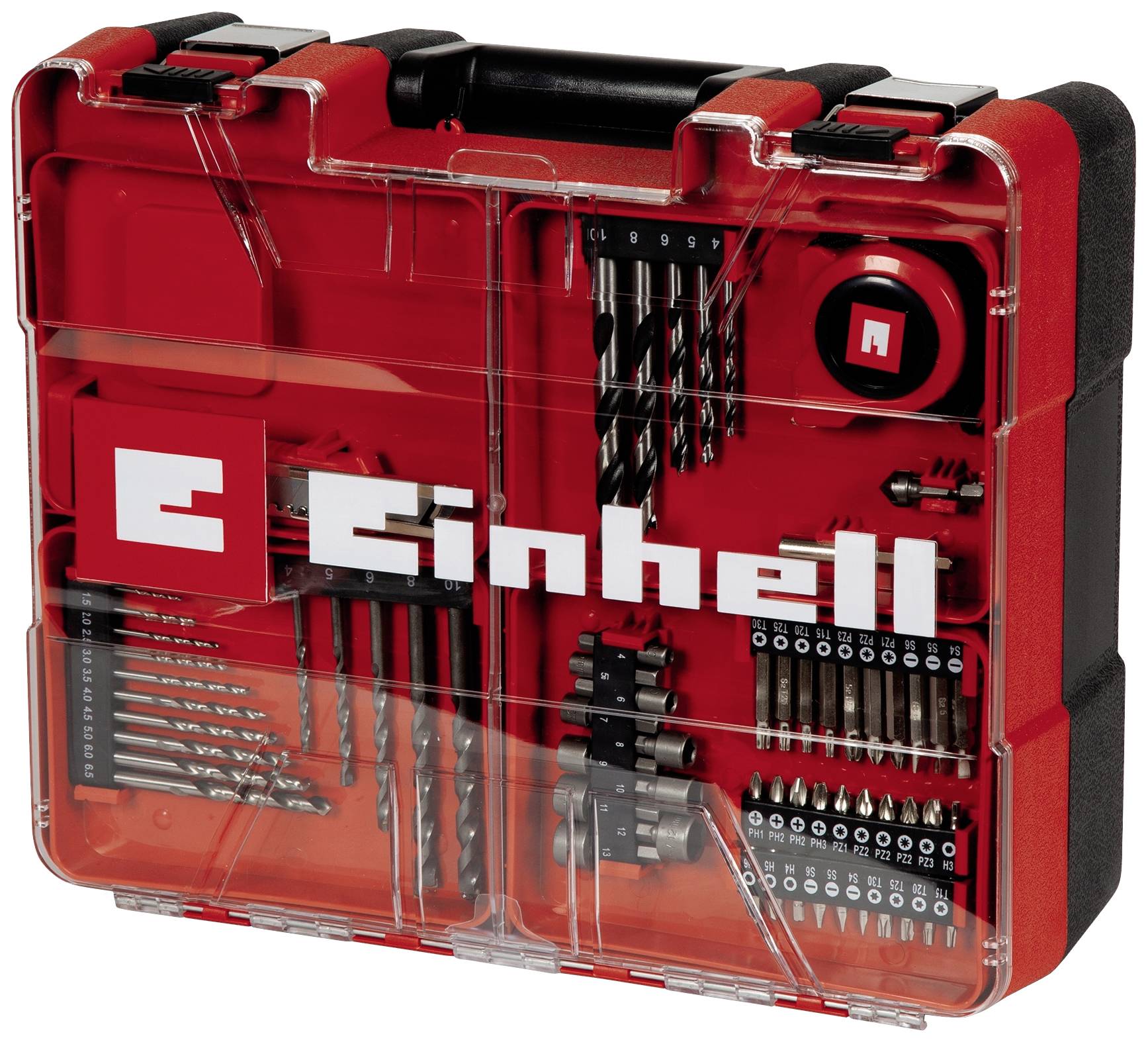Ein rotes Bohrerset von Einhell in einem transparenten Koffer, zeigt verschiedene Bohrer, Bits und Werkzeuge aufgeteilt in Fächer.