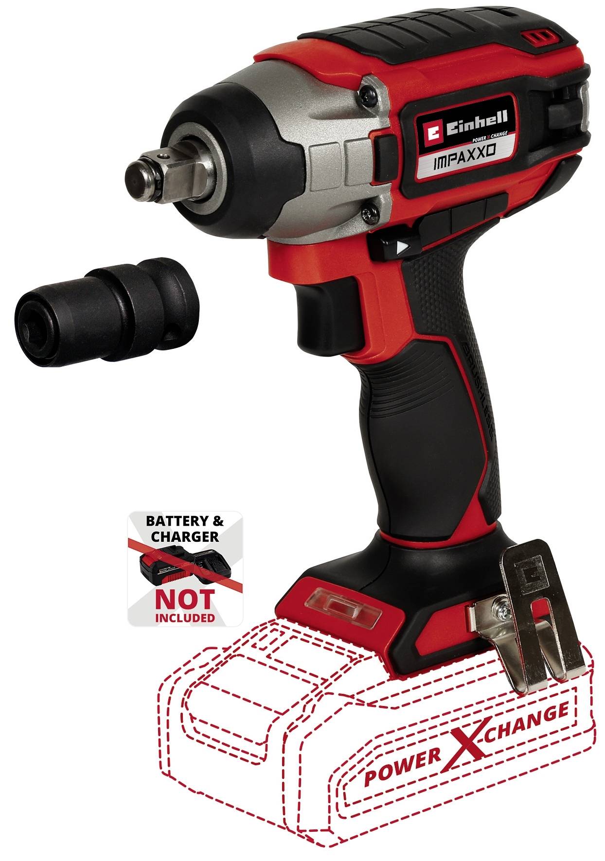 Ein kabelloser Schlagschrauber von Einhell mit rotem und schwarzem Design. Adapter und Hinweis, dass Batterie und Ladegerät nicht enthalten sind.