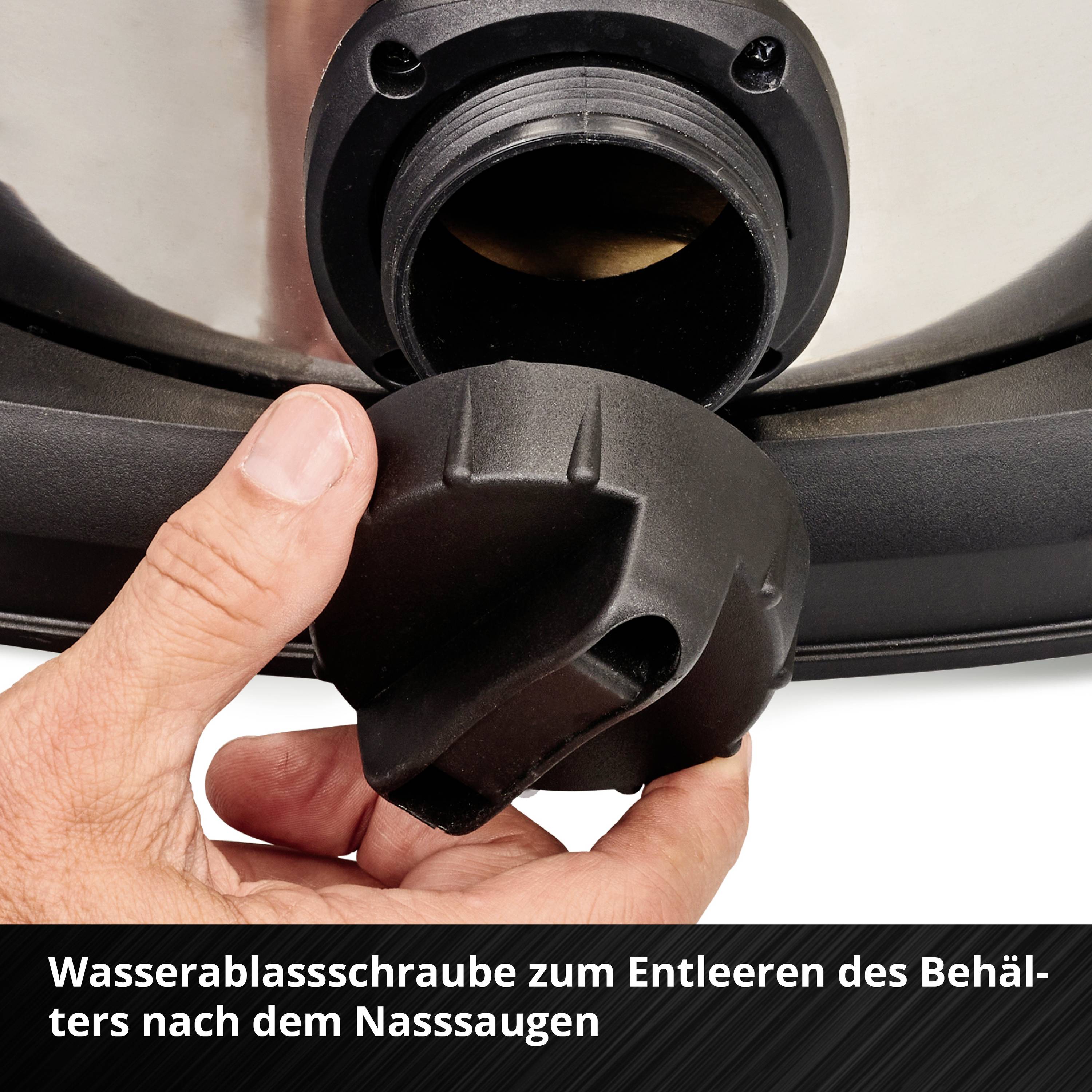 Wasserablassschraube wird von einer Hand gehalten. Untertitel: 'Wasserablassschraube zum Entleeren des Behälters nach dem Nasssaugen'.