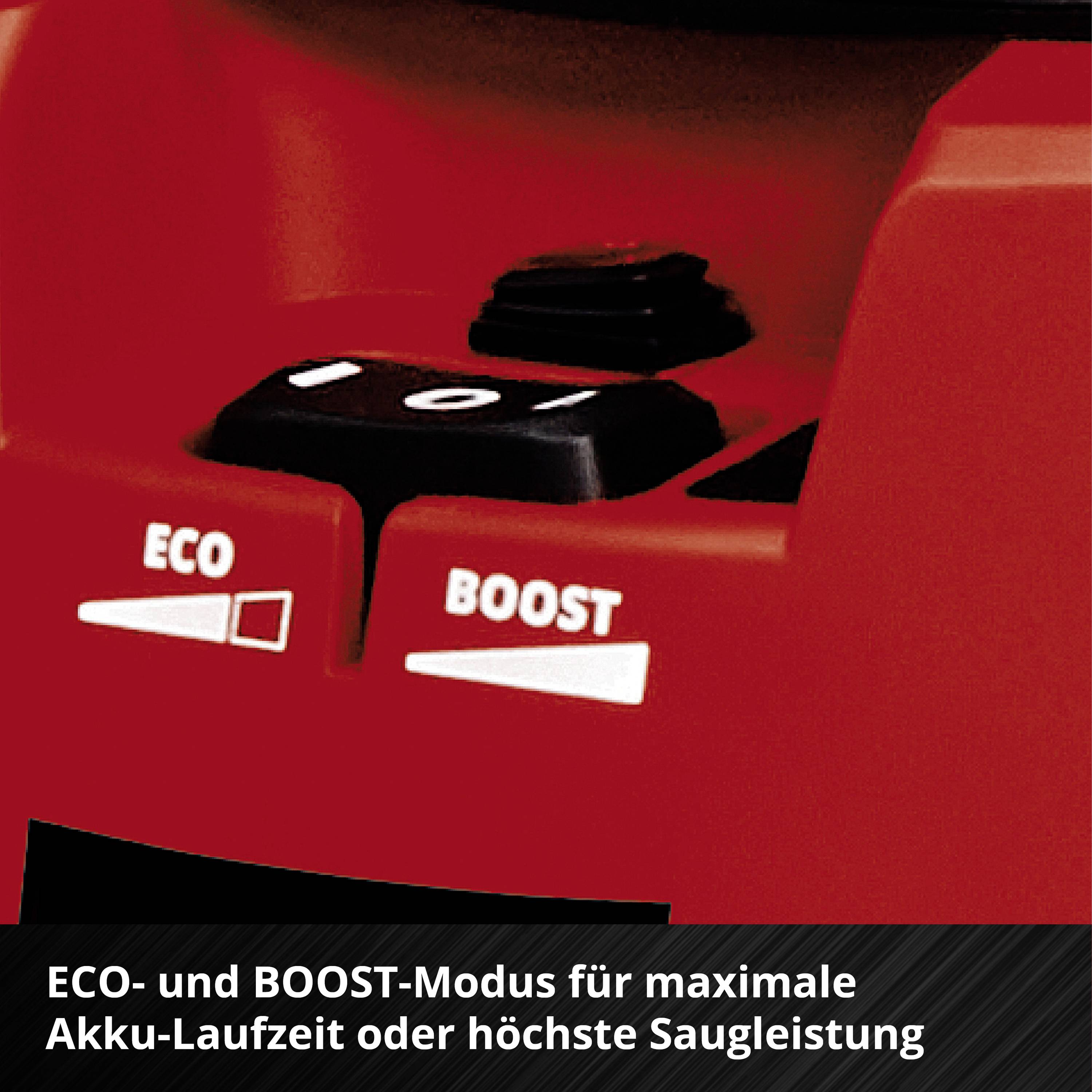 Staubsauger-Betriebsmodi: ECO für längere Akku-Laufzeit, BOOST für höchste Saugkraft.